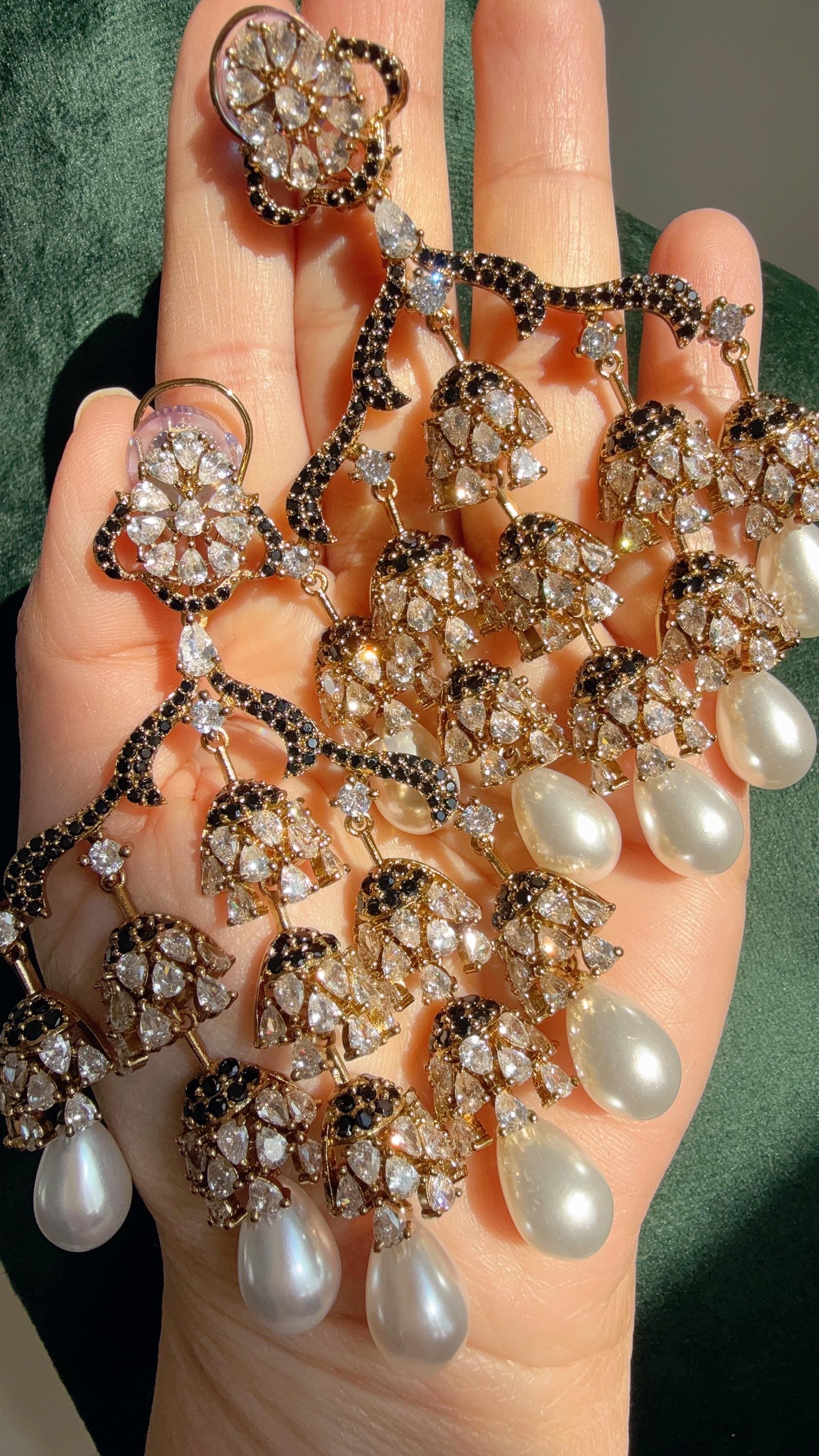 Faith Antique look Simulated Diamond Pearl Chandelier / Diamond Black Chandbali Chandelier Earrings/Luxury Bridal Jewelry/Indian jhumka
