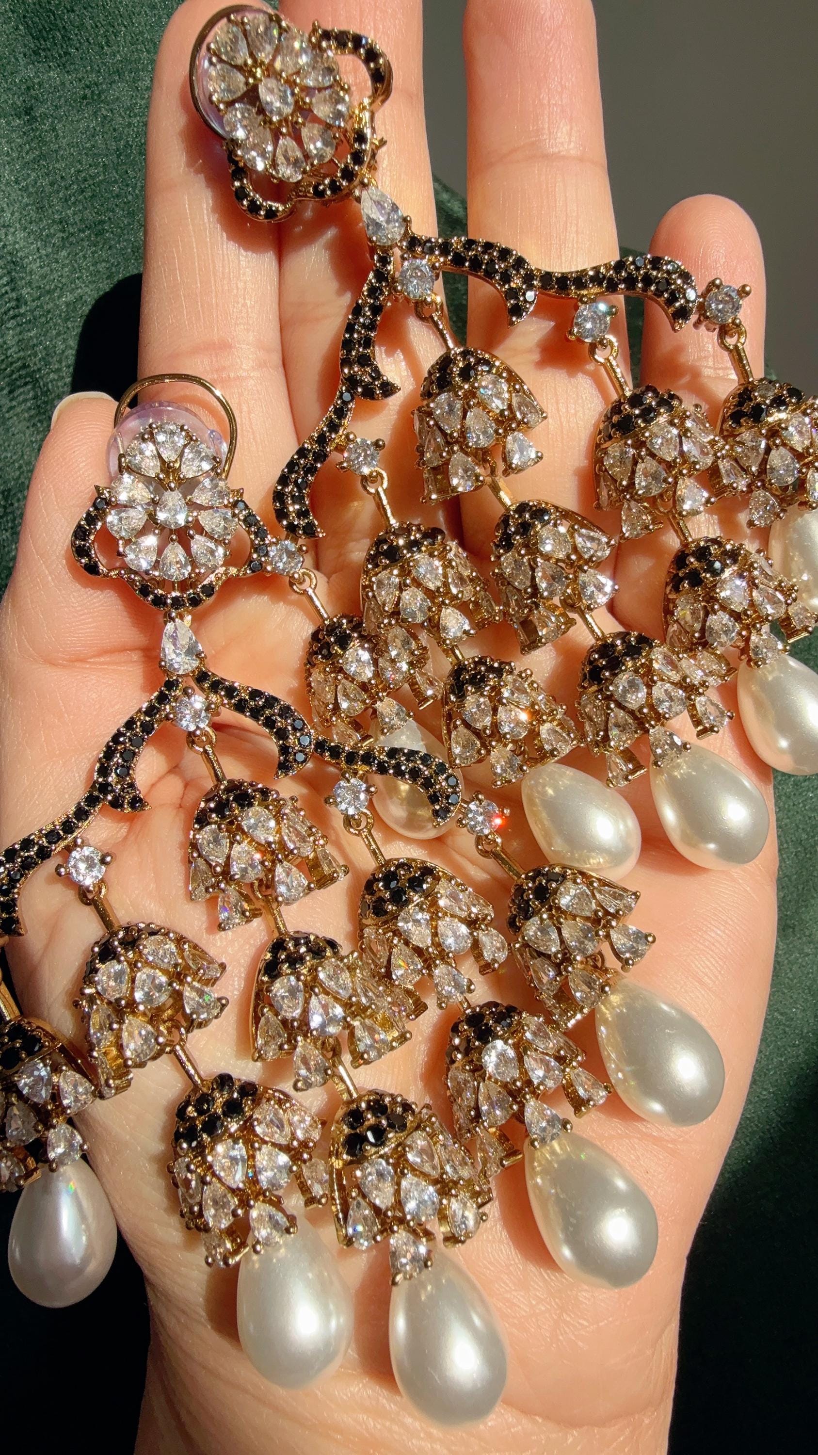 Faith Antique look Simulated Diamond Pearl Chandelier / Diamond Black Chandbali Chandelier Earrings/Luxury Bridal Jewelry/Indian jhumka