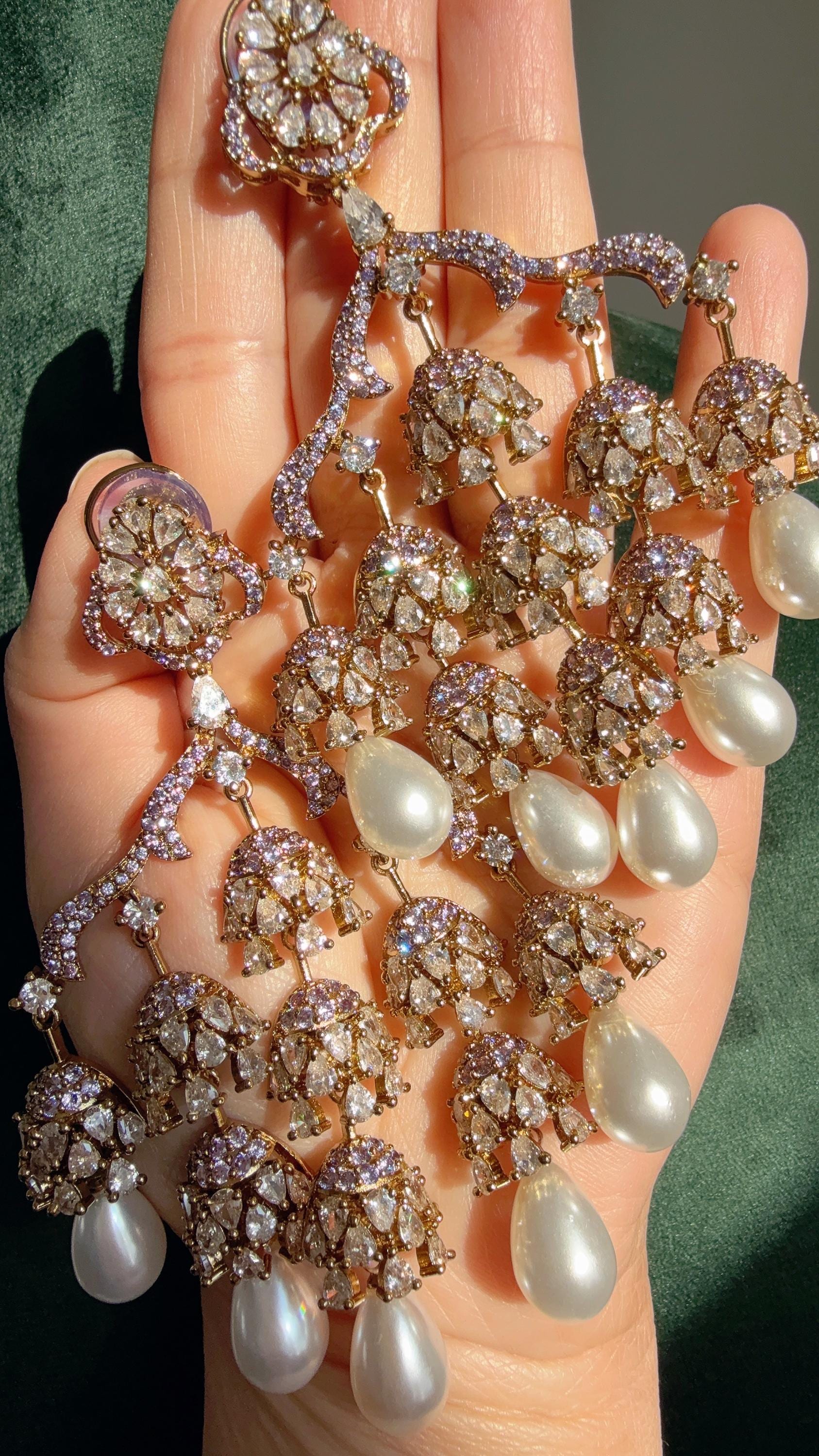 Faith Antique look Simulated Diamond Pearl Chandelier/Diamond Light Purple Chandbali Chandelier Earrings/Luxury Bridal Jewelry/Indian jhumka