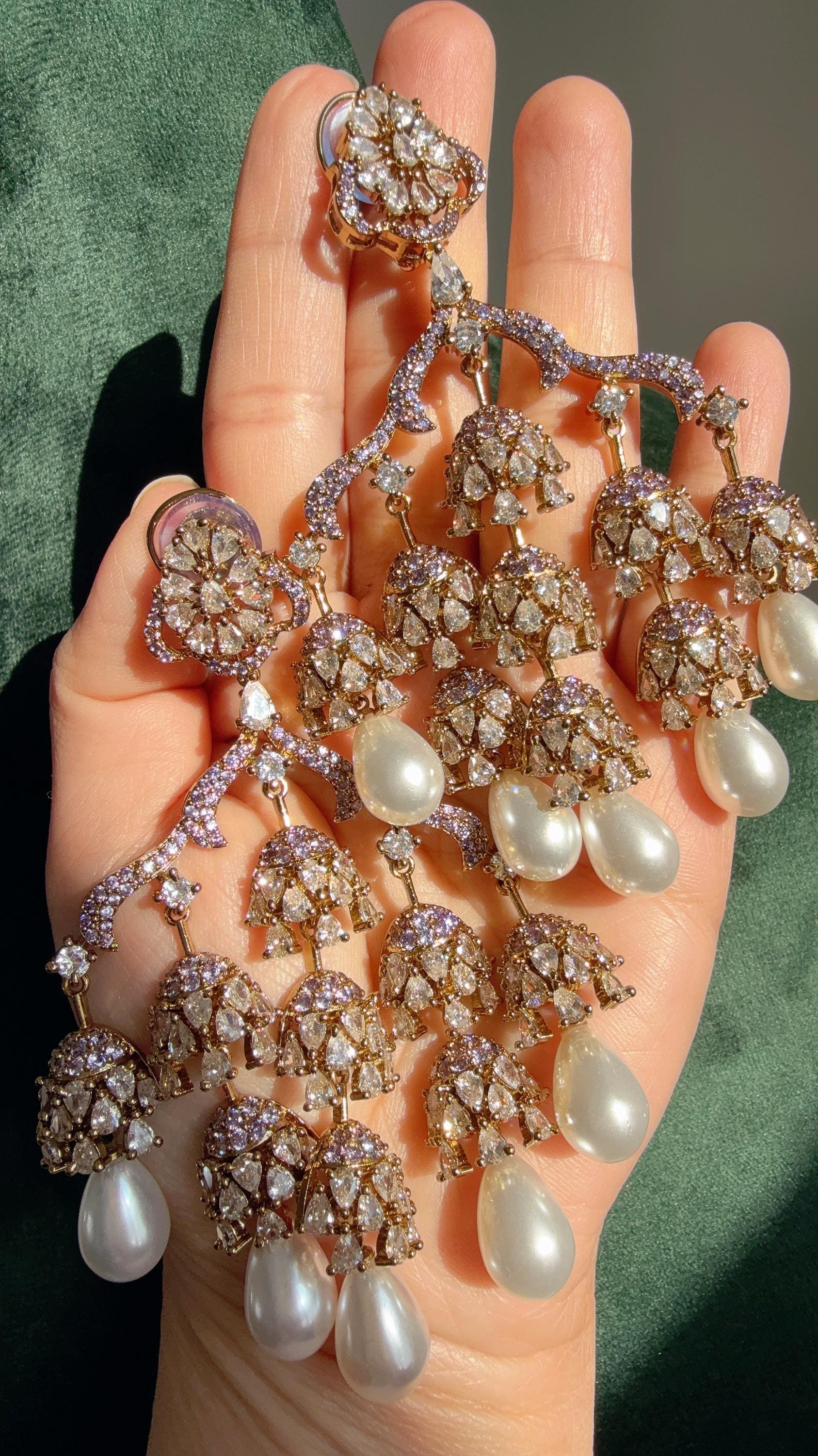 Faith Antique look Simulated Diamond Pearl Chandelier/Diamond Light Purple Chandbali Chandelier Earrings/Luxury Bridal Jewelry/Indian jhumka
