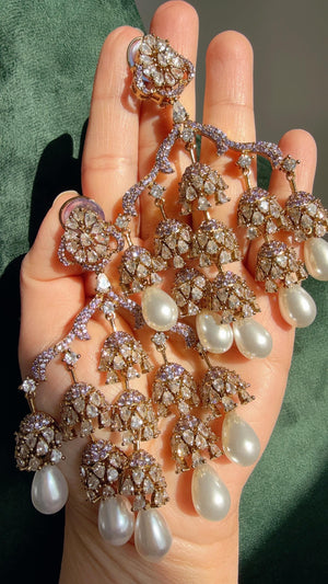 Faith Antique look Simulated Diamond Pearl Chandelier/Diamond Light Purple Chandbali Chandelier Earrings/Luxury Bridal Jewelry/Indian jhumka
