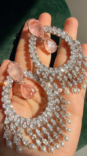 Anya Silver Simulated Diamond Pearl Chandelier / Diamond Baby Pink Chandbali Chandelier Earrings/Luxury Bridal Jewelry/Indian jhumka