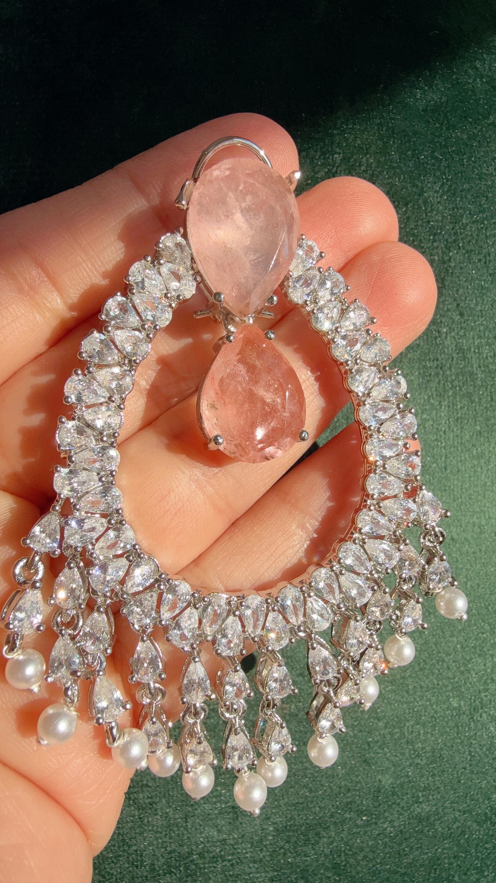 Anya Silver Simulated Diamond Pearl Chandelier / Diamond Baby Pink Chandbali Chandelier Earrings/Luxury Bridal Jewelry/Indian jhumka