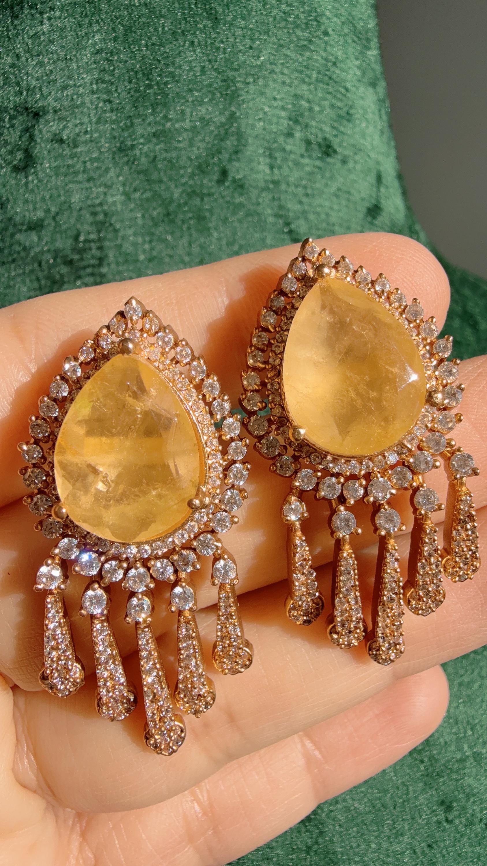 Saanvi precious doublet Stone studs Yellow Earrings/Moissanite diamond Kundan Studs /Indian Jewelry /Statement Stud Earring/