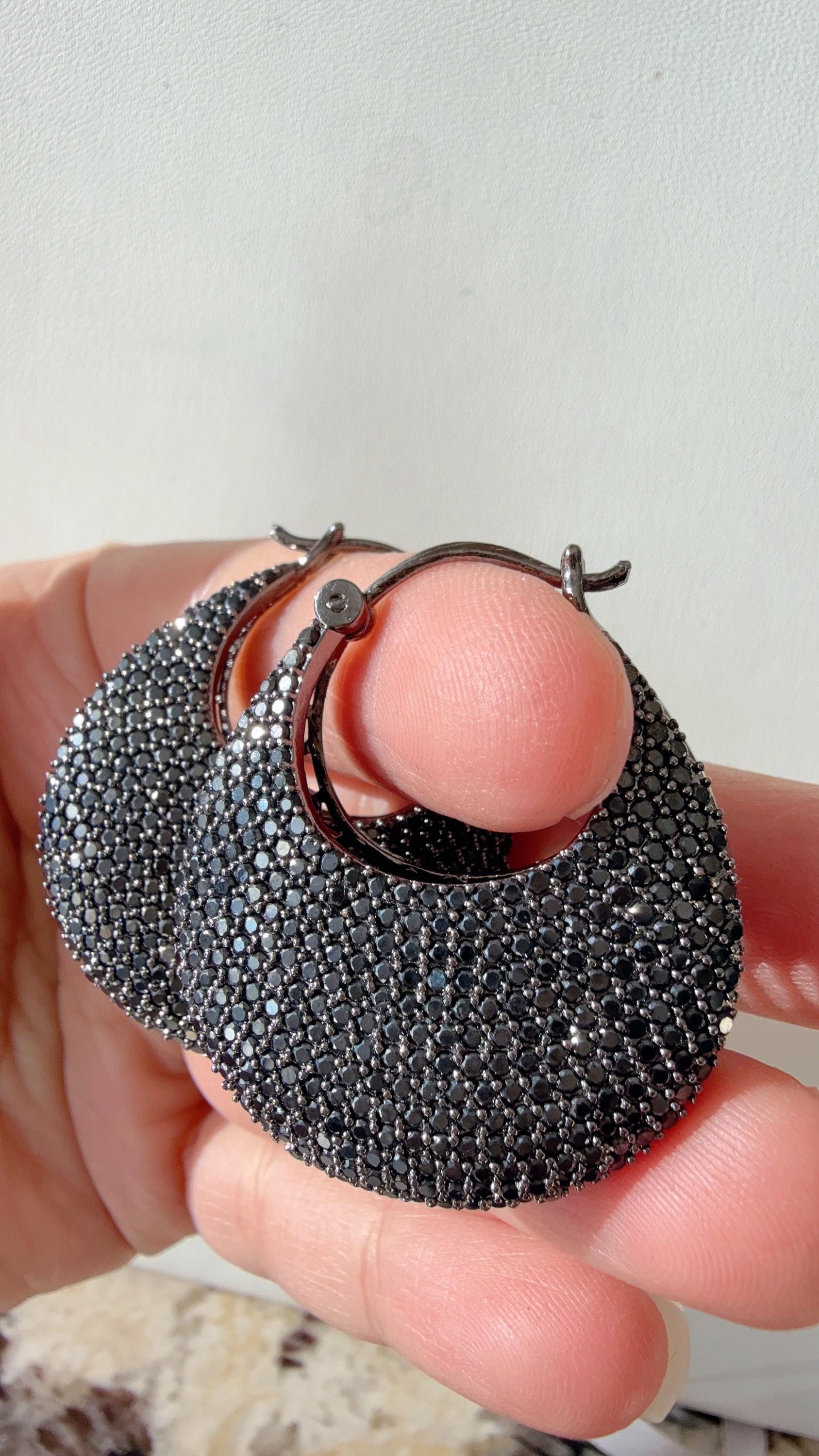 Ria Pave setting Diamond hoop Black earrings/Dressy hoops earrings/diamond jhumka/Bali Earrings
