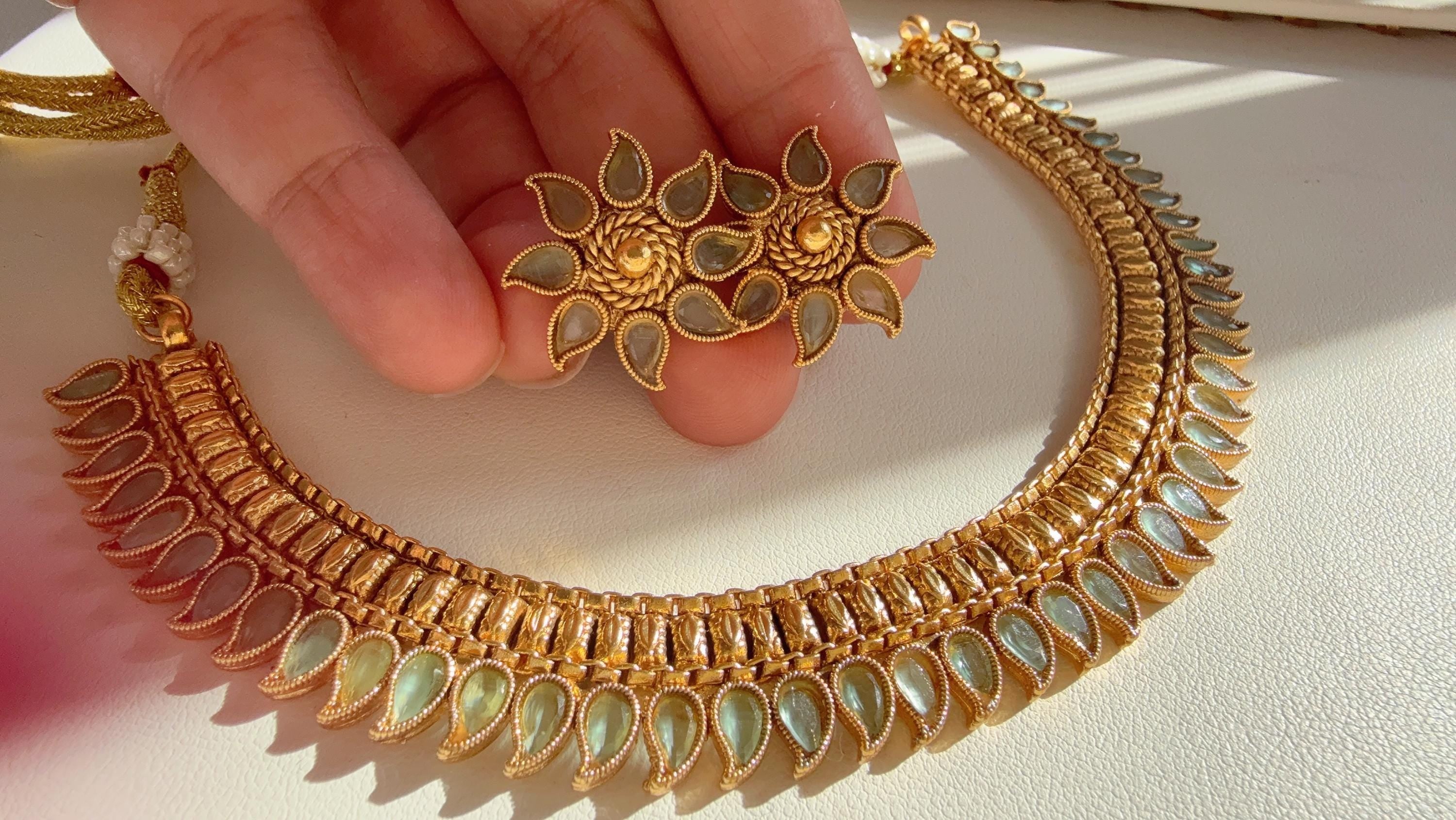 Antique Mint Kemp Necklace with studs /Indian wedding jewelry/South Indian Jewelry/Wedding necklace/Temple Jewelry
