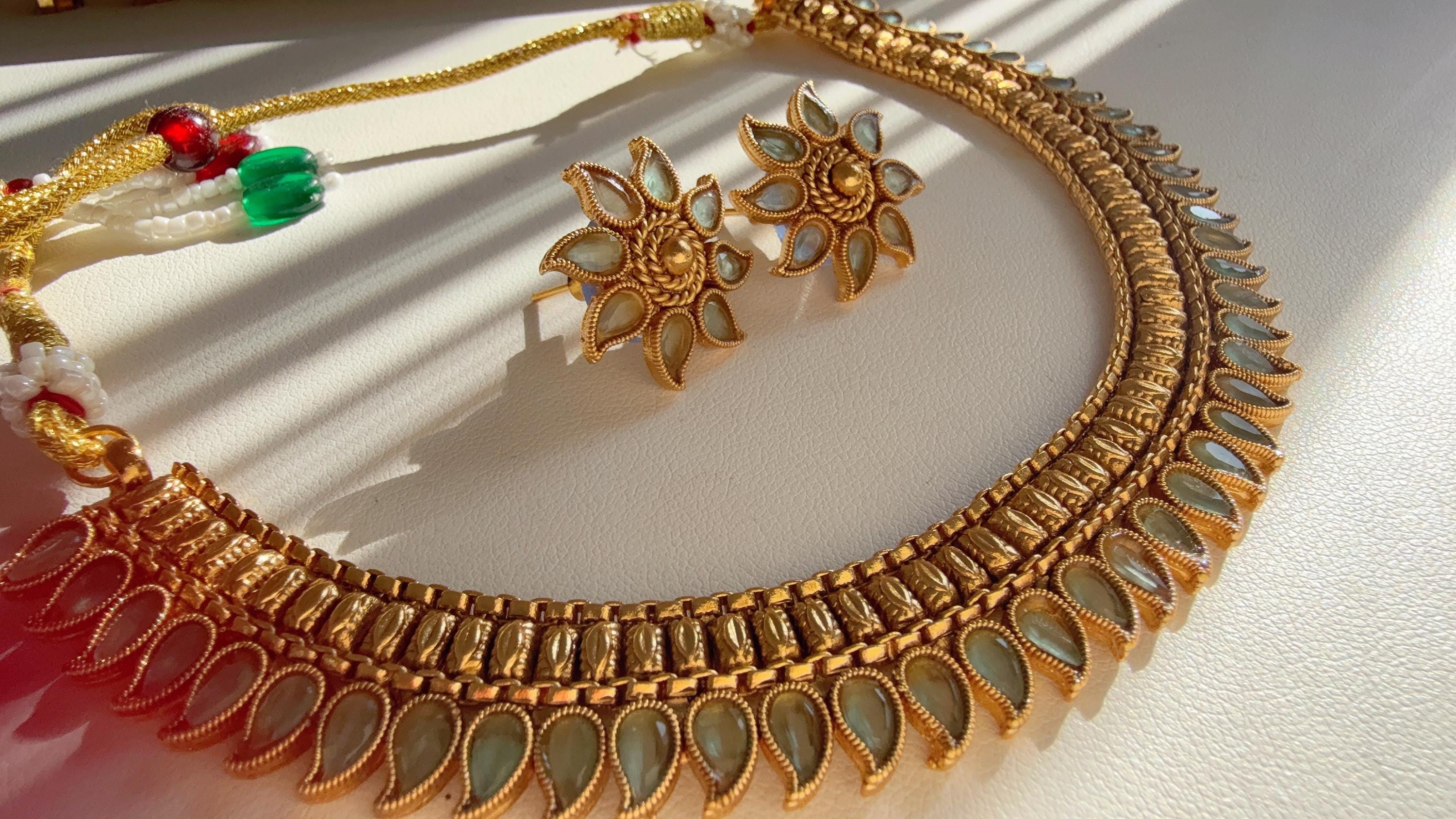 Antique Mint Kemp Necklace with studs /Indian wedding jewelry/South Indian Jewelry/Wedding necklace/Temple Jewelry