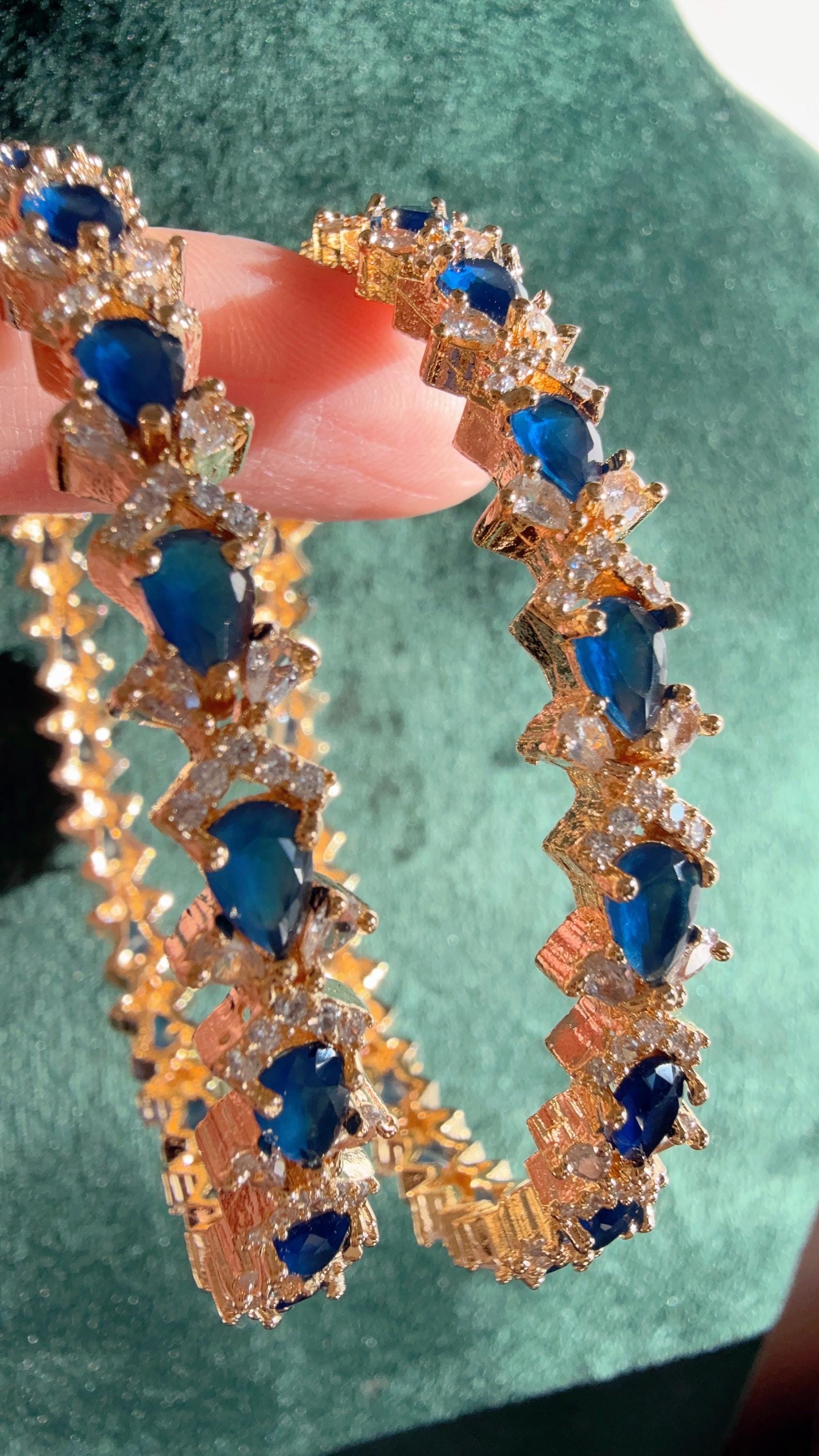 Binal Set of 2 Blue Sapphire 1 gram gold Bangles /Wedding Jewelry/Indian Jewelry / Bridal diamond Bracelets