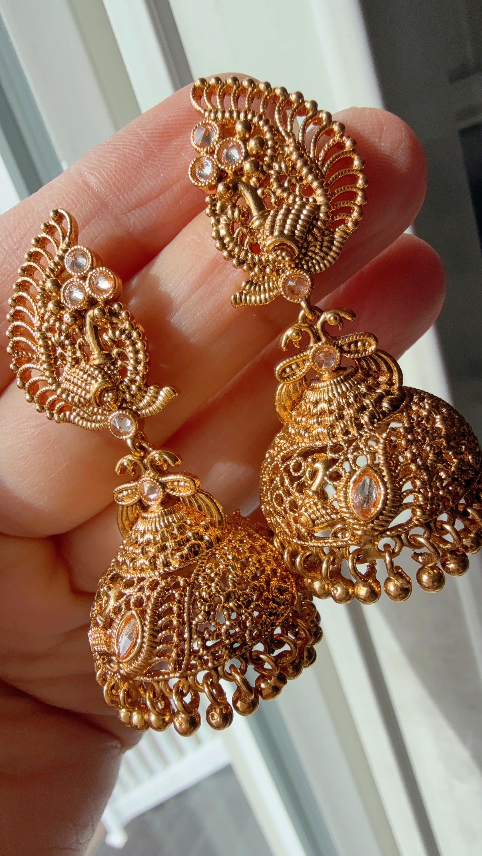 Gold plate Peacock gold Jhumka /Earrings Temple Jewelry /Wedding special Gold Jhumkas /Indian wedding/Kundan Jhumka