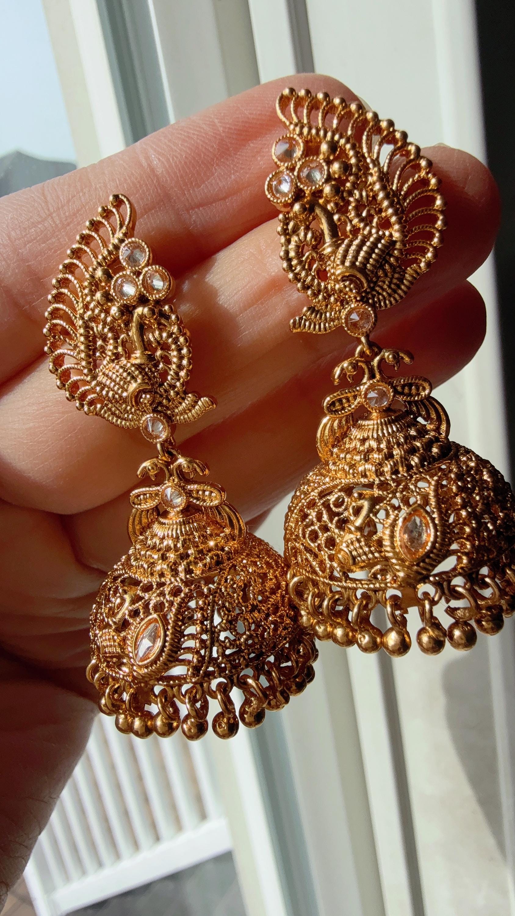 Gold plate Peacock gold Jhumka /Earrings Temple Jewelry /Wedding special Gold Jhumkas /Indian wedding/Kundan Jhumka