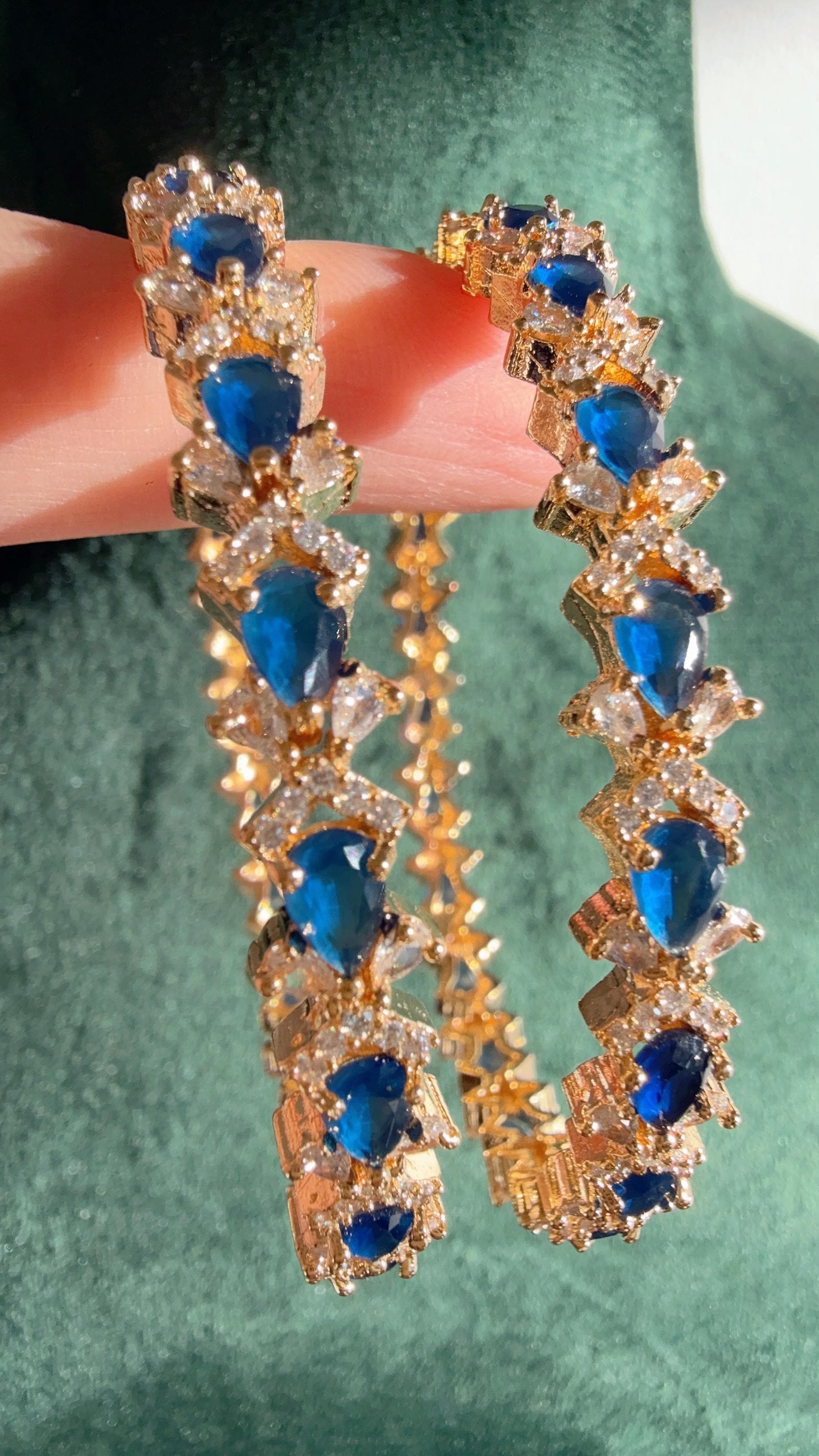 Binal Set of 2 Blue Sapphire 1 gram gold Bangles /Wedding Jewelry/Indian Jewelry / Bridal diamond Bracelets