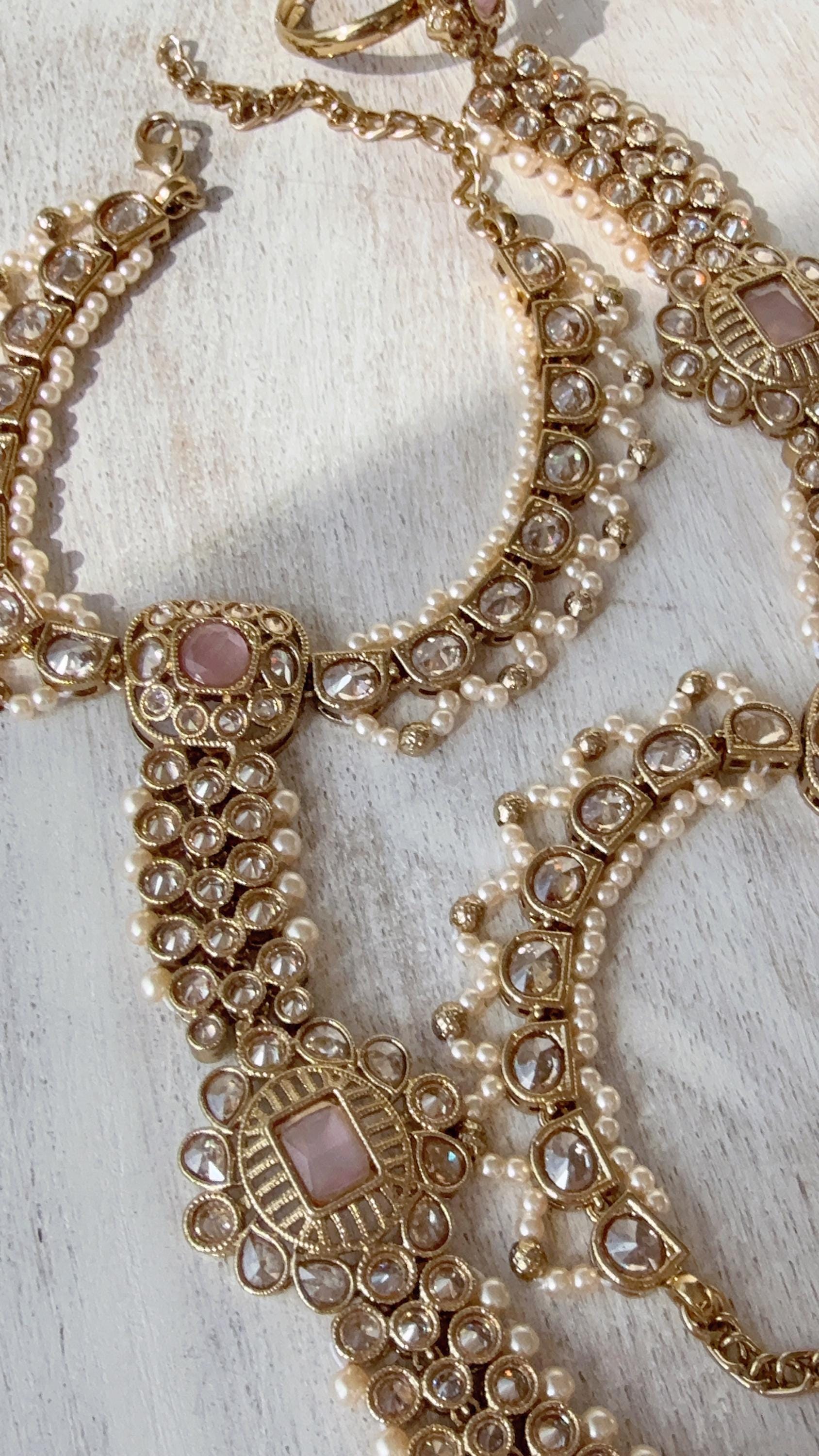 Ava Antique dull Baby Pink Polki Pearl Kundan Hath Paan single /hand harness/Indian Jewelry/Hand Jewelry/Haath phool/Hathh Panja