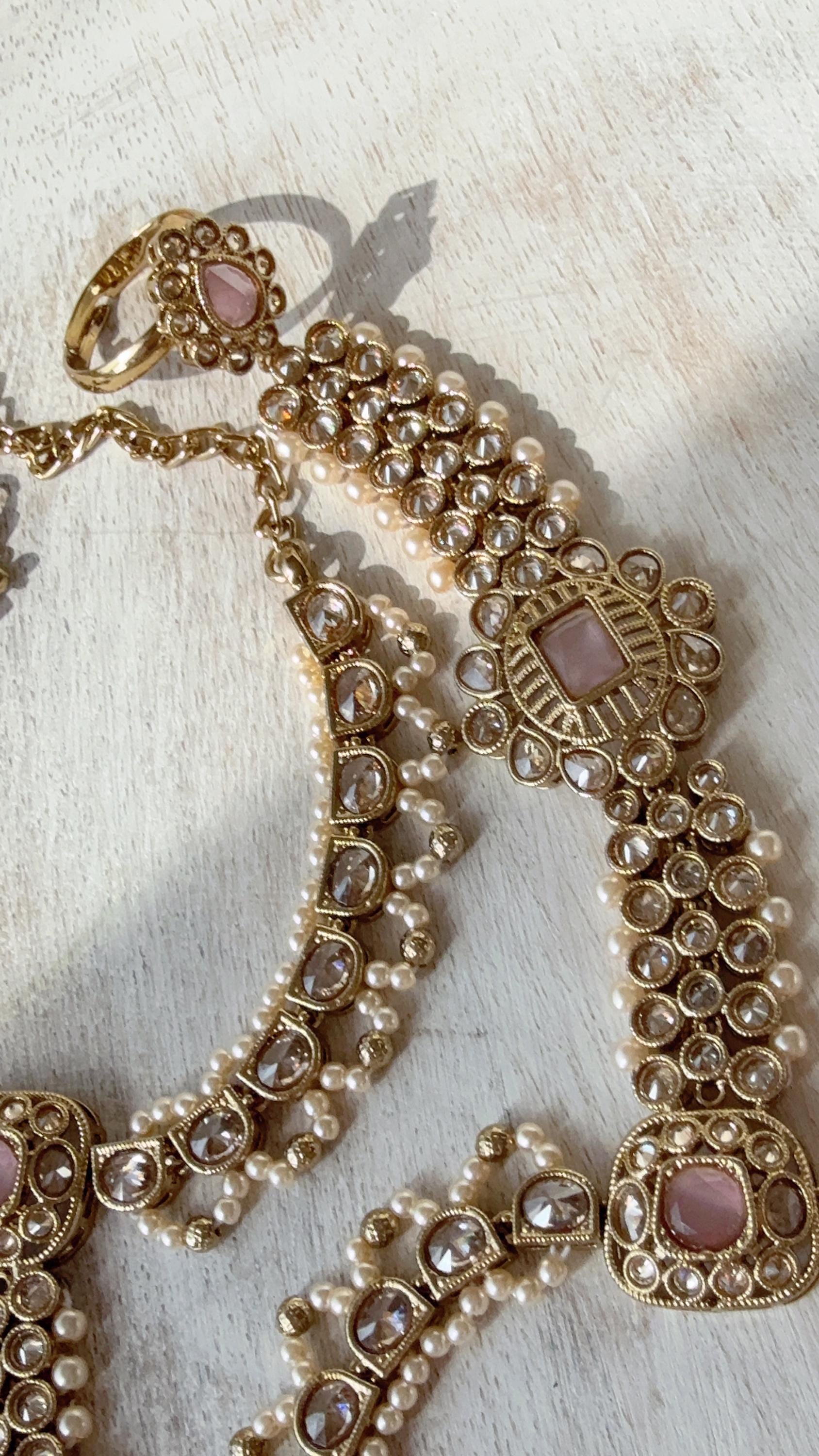 Ava Antique dull Baby Pink Polki Pearl Kundan Hath Paan single /hand harness/Indian Jewelry/Hand Jewelry/Haath phool/Hathh Panja