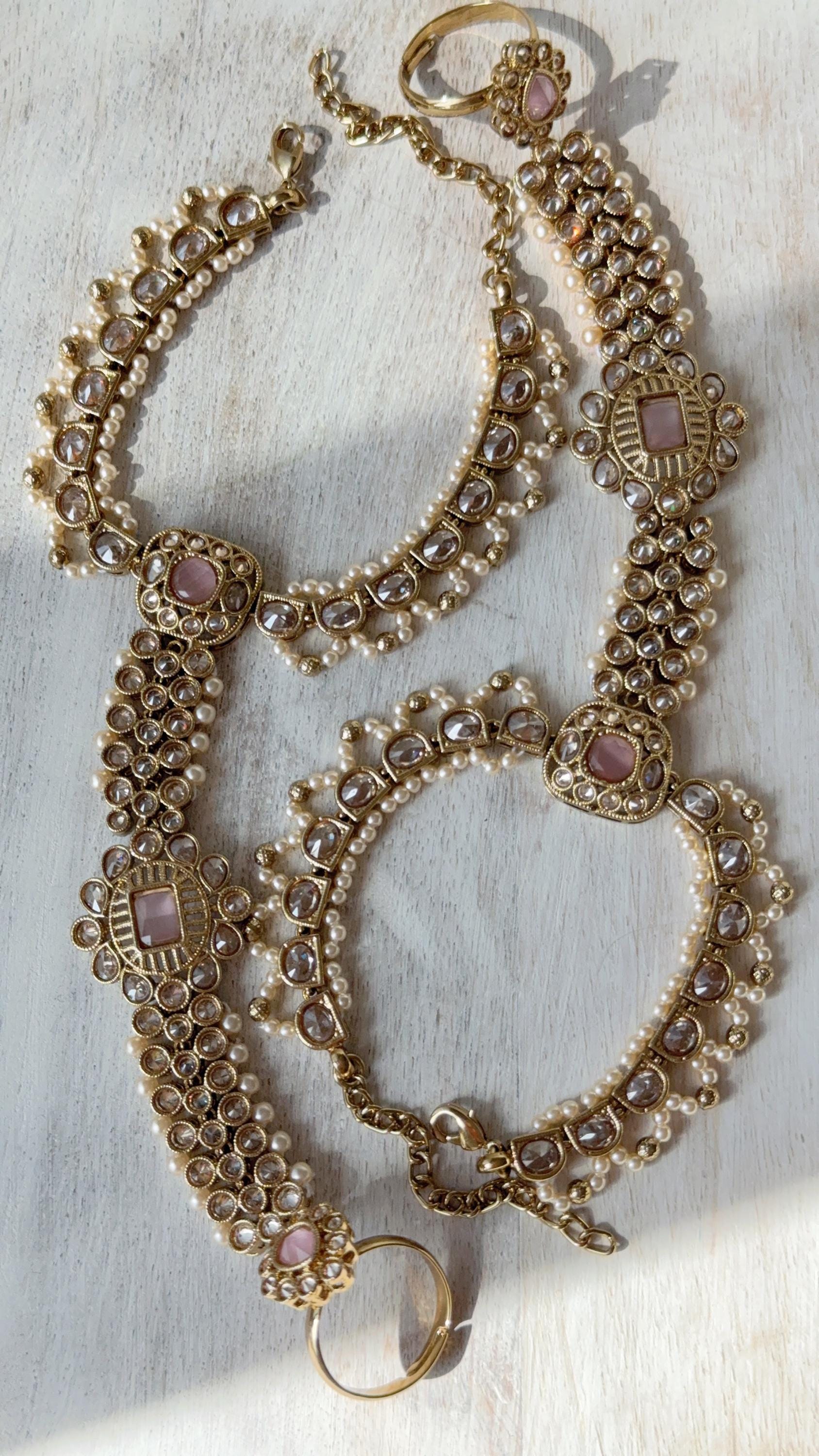 Ava Antique dull Baby Pink Polki Pearl Kundan Hath Paan single /hand harness/Indian Jewelry/Hand Jewelry/Haath phool/Hathh Panja