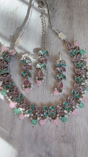 Neha silver Polki Kundan Mint pink necklace/Wedding necklace/Bridal necklace/Indian necklace/Indian jewelry/