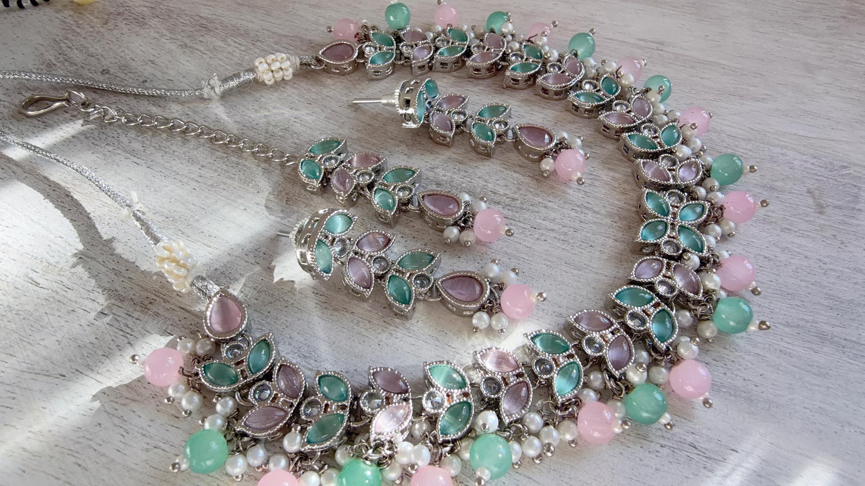 Neha silver Polki Kundan Mint pink necklace/Wedding necklace/Bridal necklace/Indian necklace/Indian jewelry/
