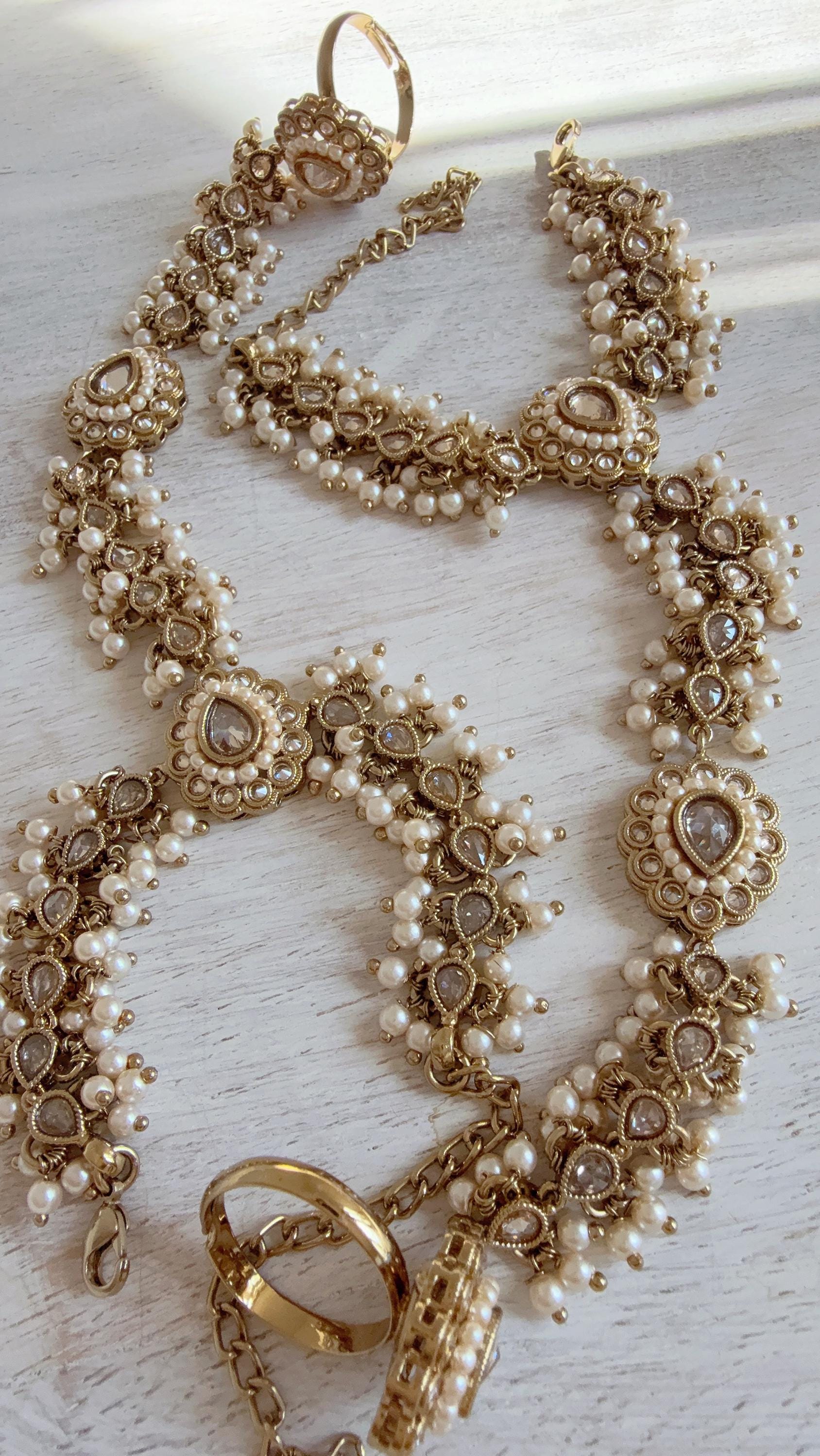 Antique dull Gold Polki Pearl Kundan Hath Paan single /hand harness/Indian Jewelry/Hand Jewelry/Haath phool/Hathh Panja