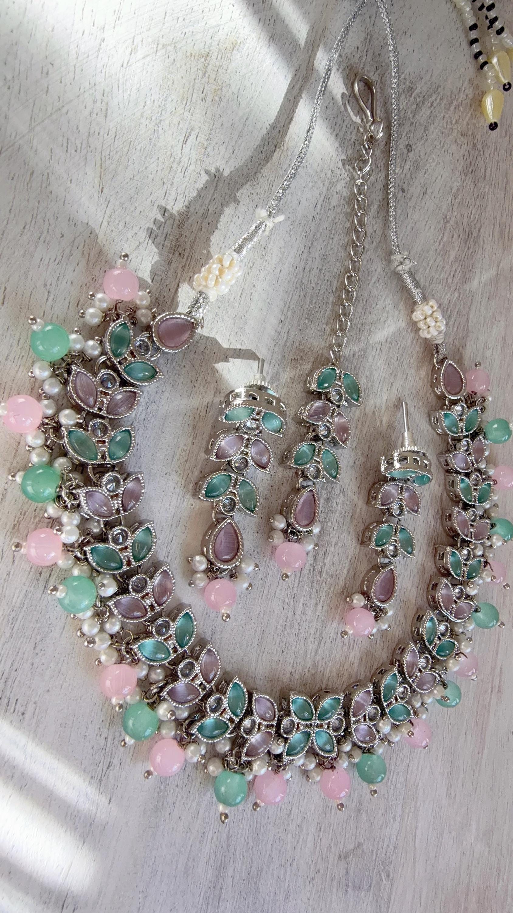 Neha silver Polki Kundan Mint pink necklace/Wedding necklace/Bridal necklace/Indian necklace/Indian jewelry/