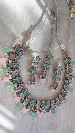 Neha silver Polki Kundan Mint pink necklace/Wedding necklace/Bridal necklace/Indian necklace/Indian jewelry/