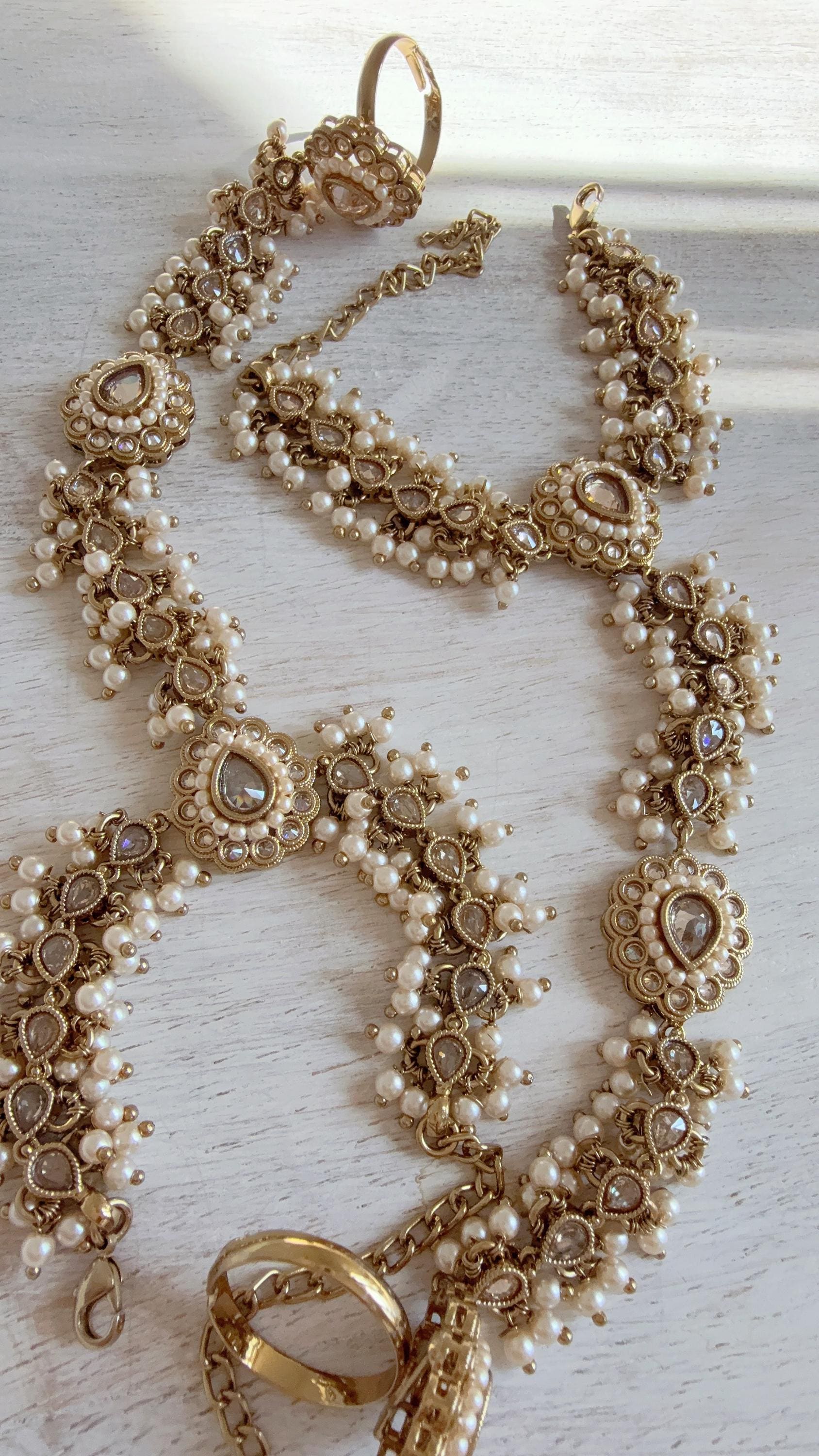 Antique dull Gold Polki Pearl Kundan Hath Paan single /hand harness/Indian Jewelry/Hand Jewelry/Haath phool/Hathh Panja