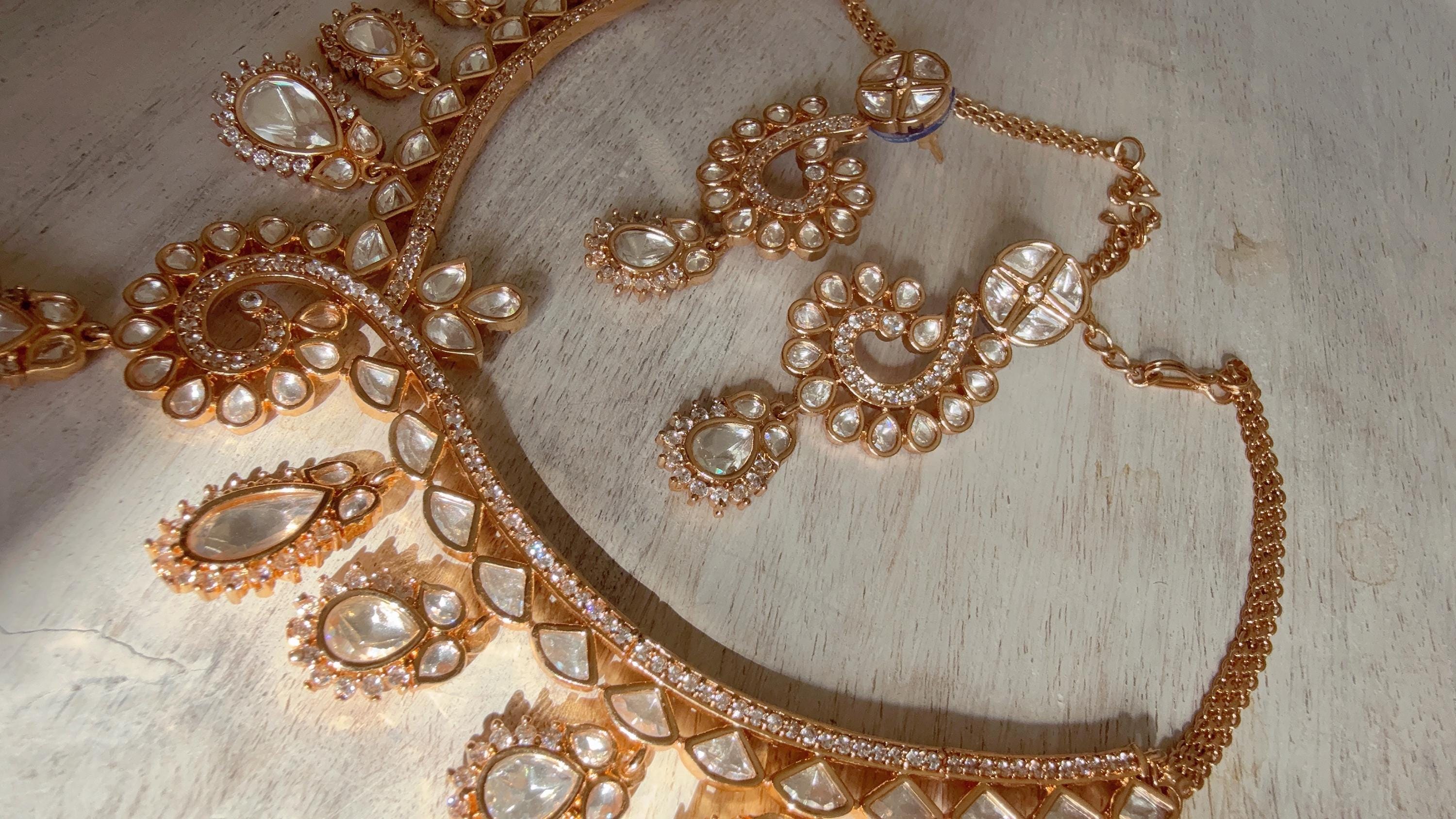 Zoya Navratan Moissanite gold necklace earrings set/Polki Kundan diamond Necklace / Indian Bridal Jewelry/Indian Wedding jewelry