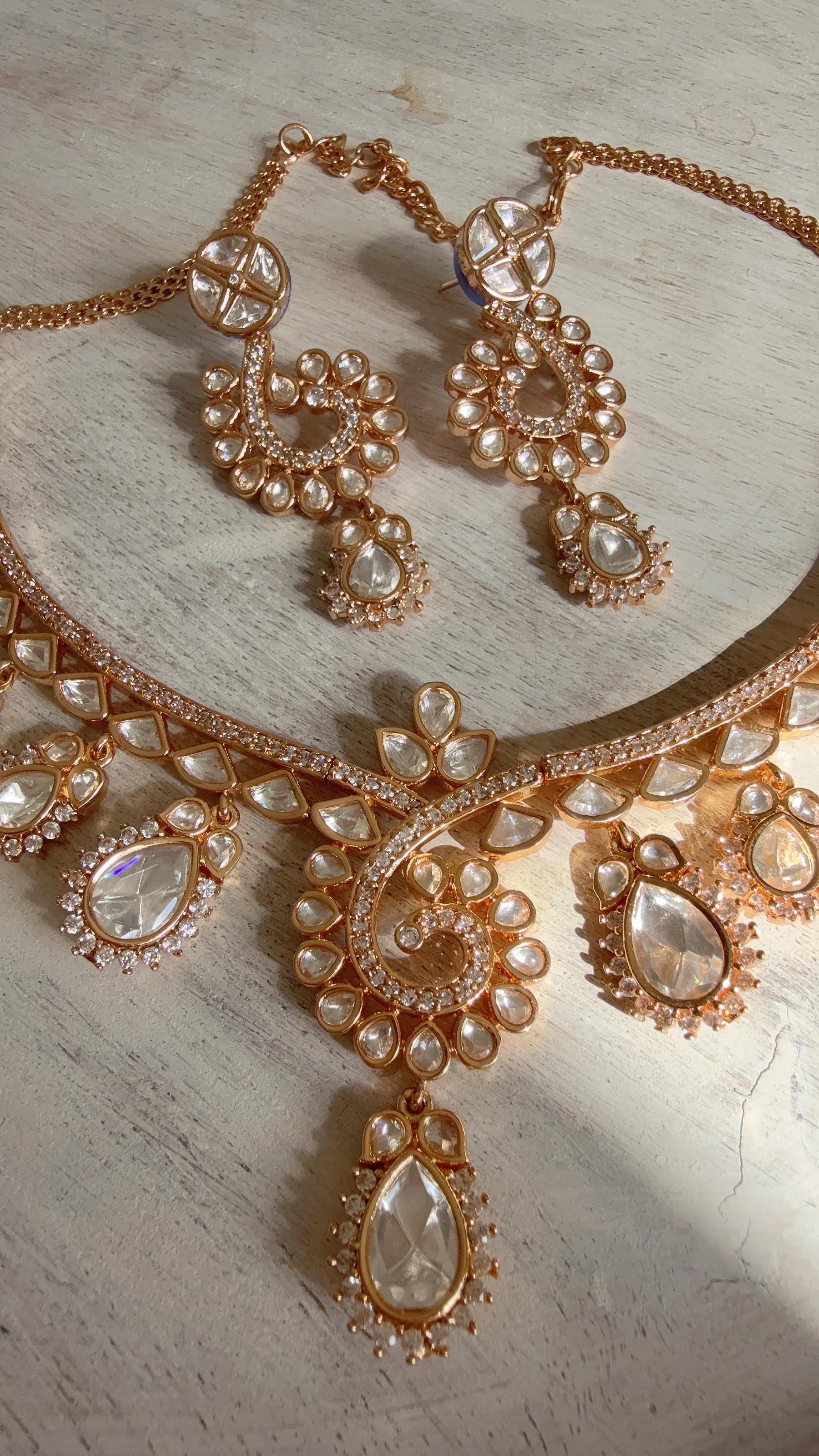 Zoya Navratan Moissanite gold necklace earrings set/Polki Kundan diamond Necklace / Indian Bridal Jewelry/Indian Wedding jewelry