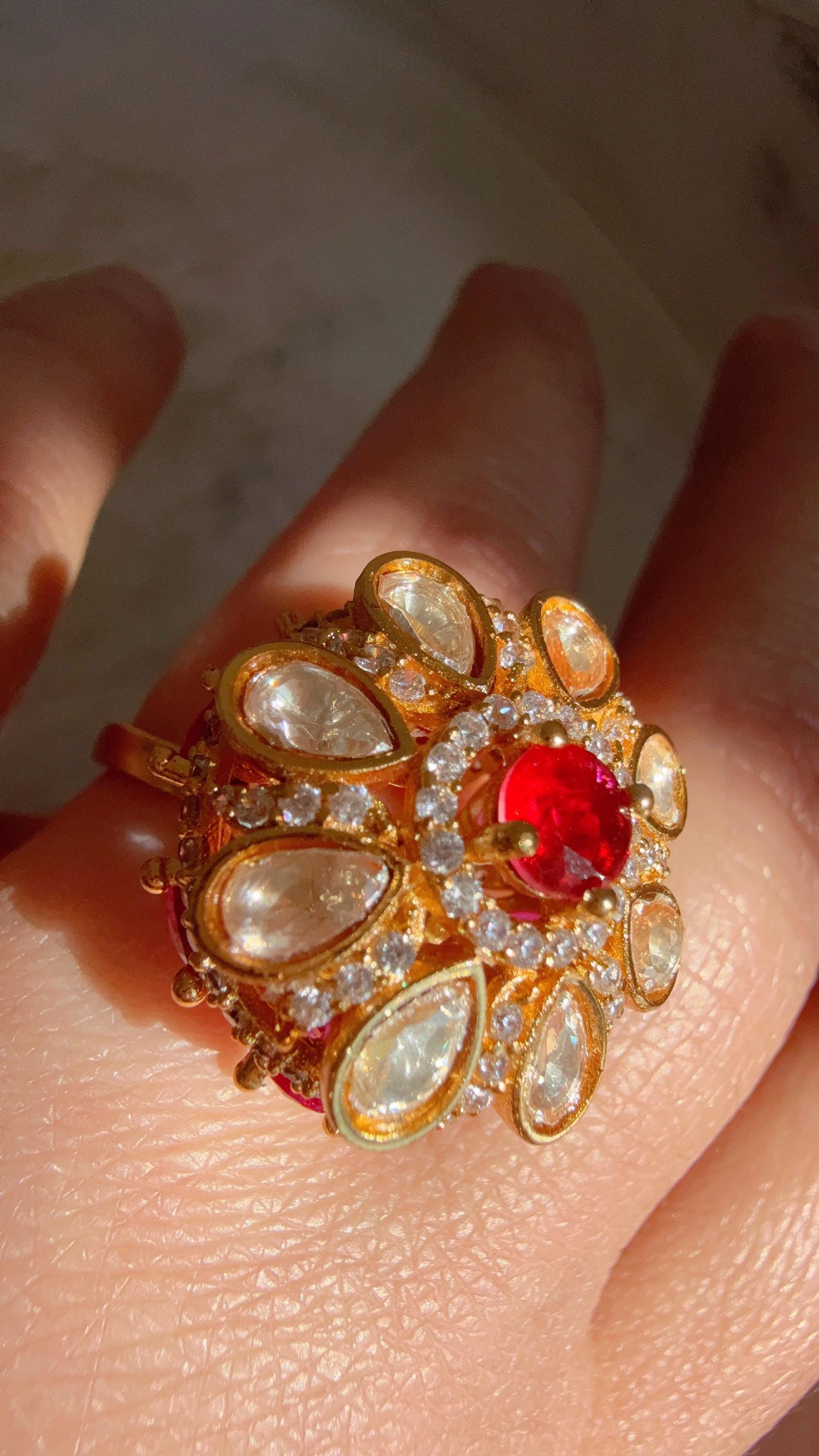 Ruby Cocktail ring/Bridal Kundan Moissanite diamond Ring/Adjustable Ring/Diamond Kundan Ring /Indian Wedding jewelry/