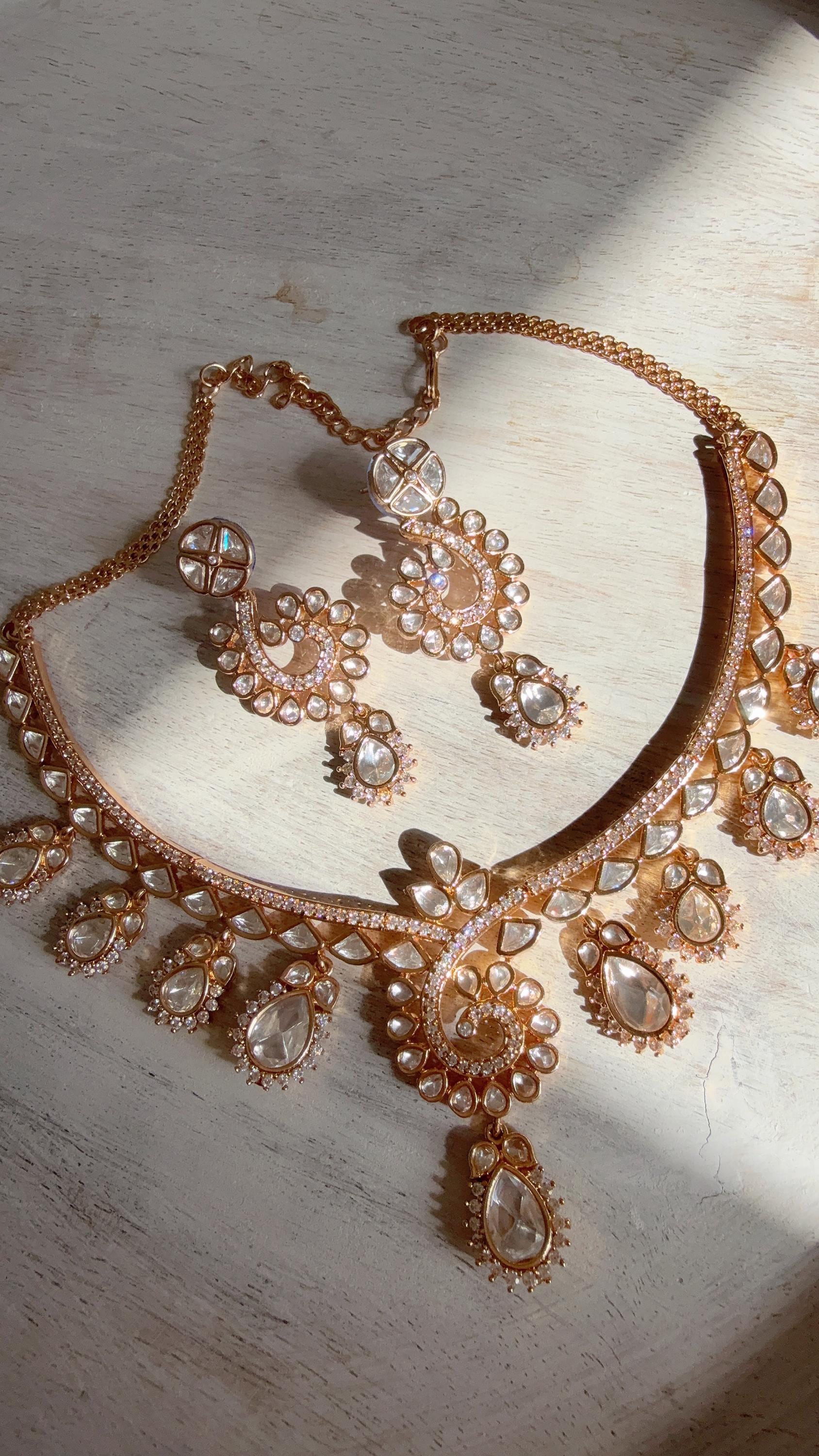 Zoya Navratan Moissanite gold necklace earrings set/Polki Kundan diamond Necklace / Indian Bridal Jewelry/Indian Wedding jewelry