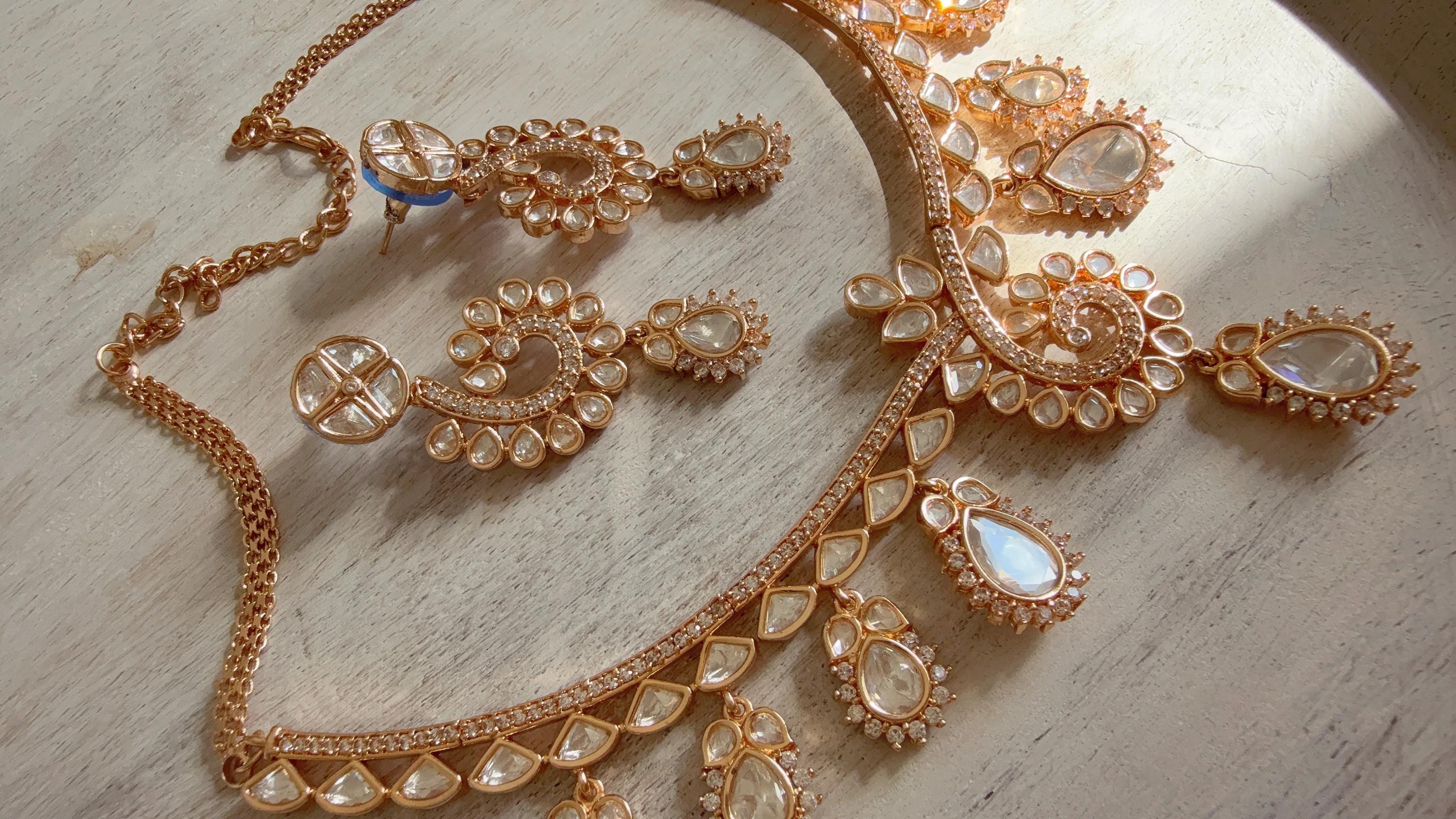 Zoya Navratan Moissanite gold necklace earrings set/Polki Kundan diamond Necklace / Indian Bridal Jewelry/Indian Wedding jewelry