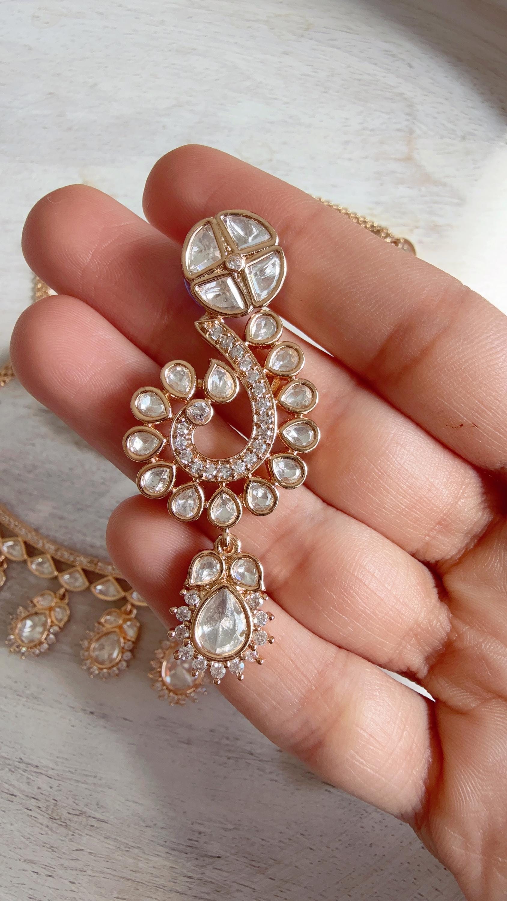 Zoya Navratan Moissanite gold necklace earrings set/Polki Kundan diamond Necklace / Indian Bridal Jewelry/Indian Wedding jewelry