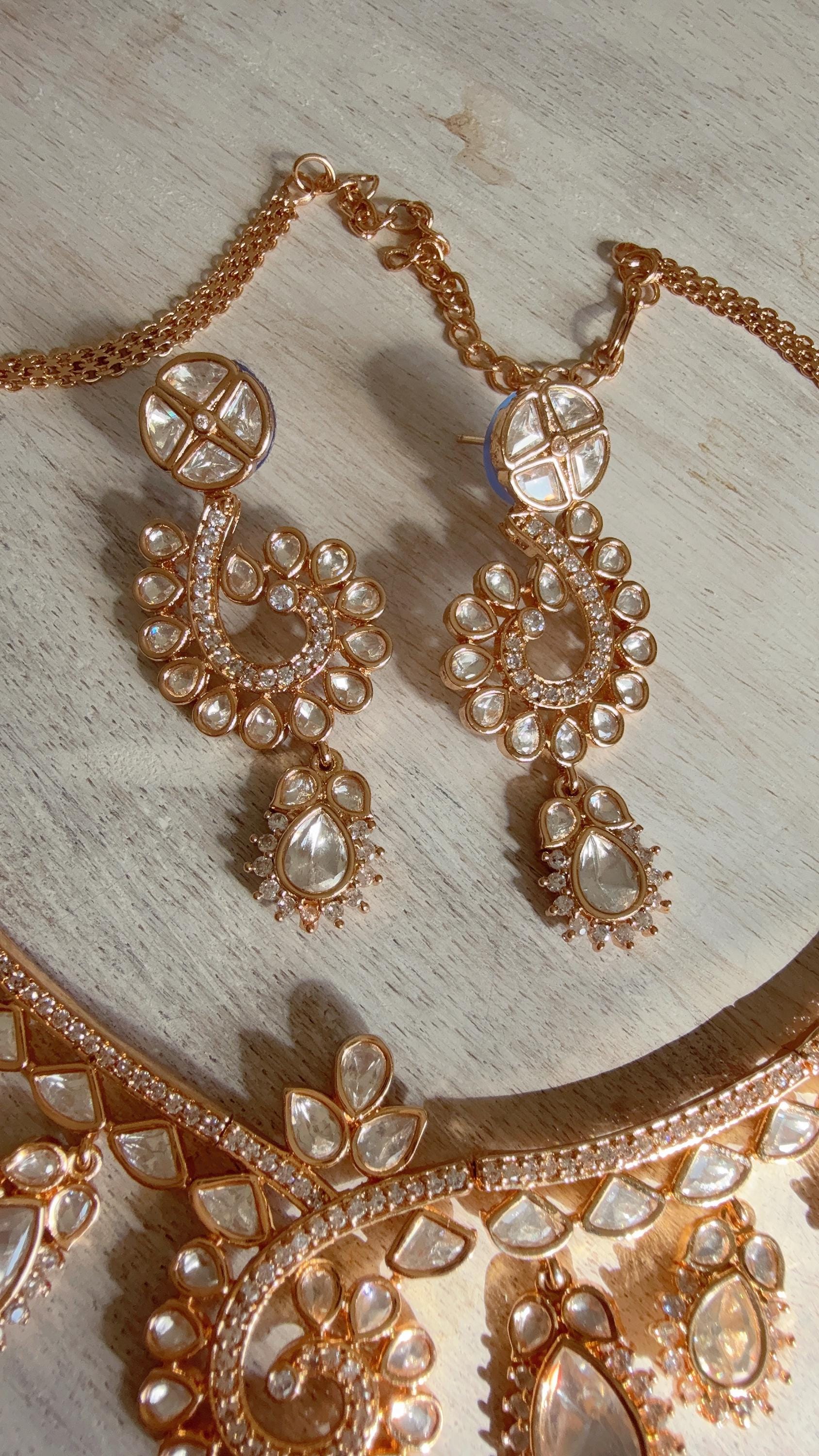 Zoya Navratan Moissanite gold necklace earrings set/Polki Kundan diamond Necklace / Indian Bridal Jewelry/Indian Wedding jewelry