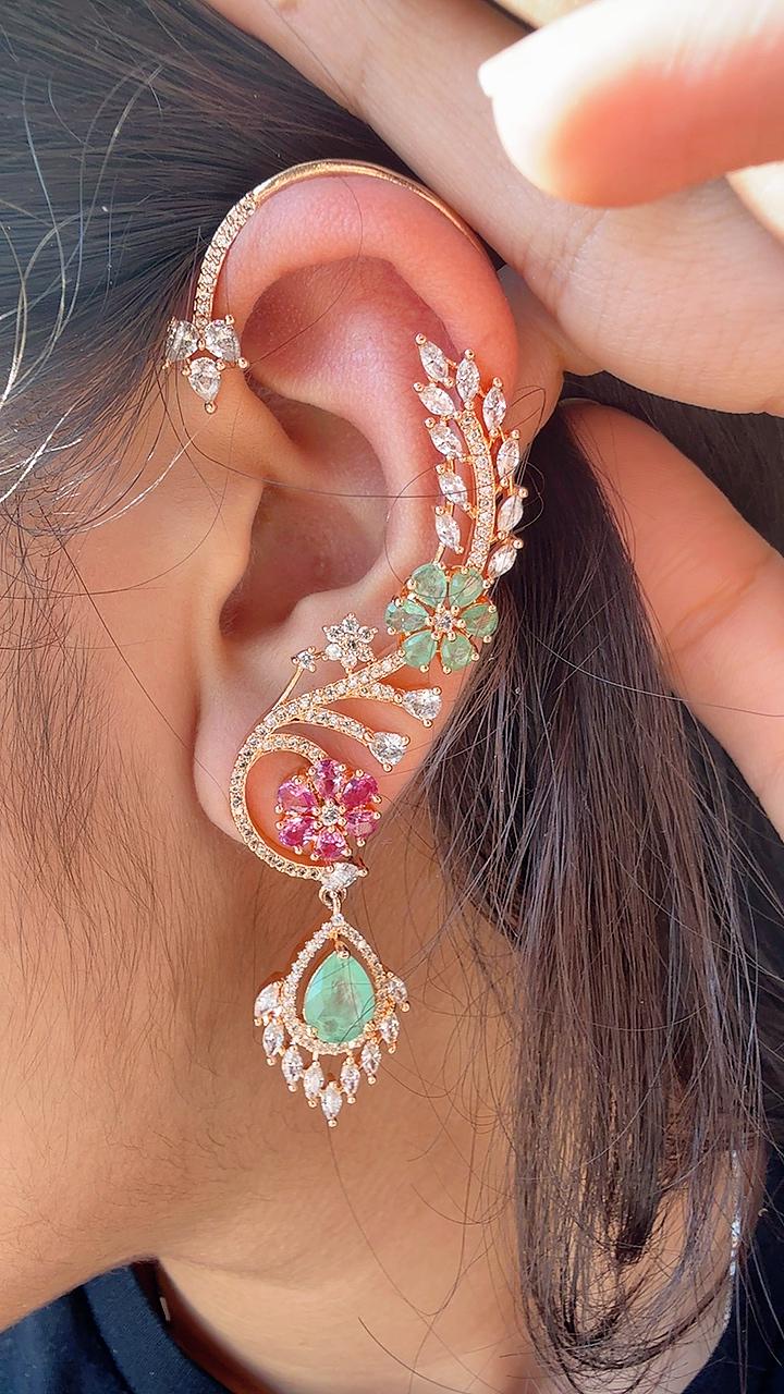 Diamond Earcuff Mint doublet Jhumkas/ear cuff jhumka / Mint Ruby Jhumkas /Indian wedding jewelry