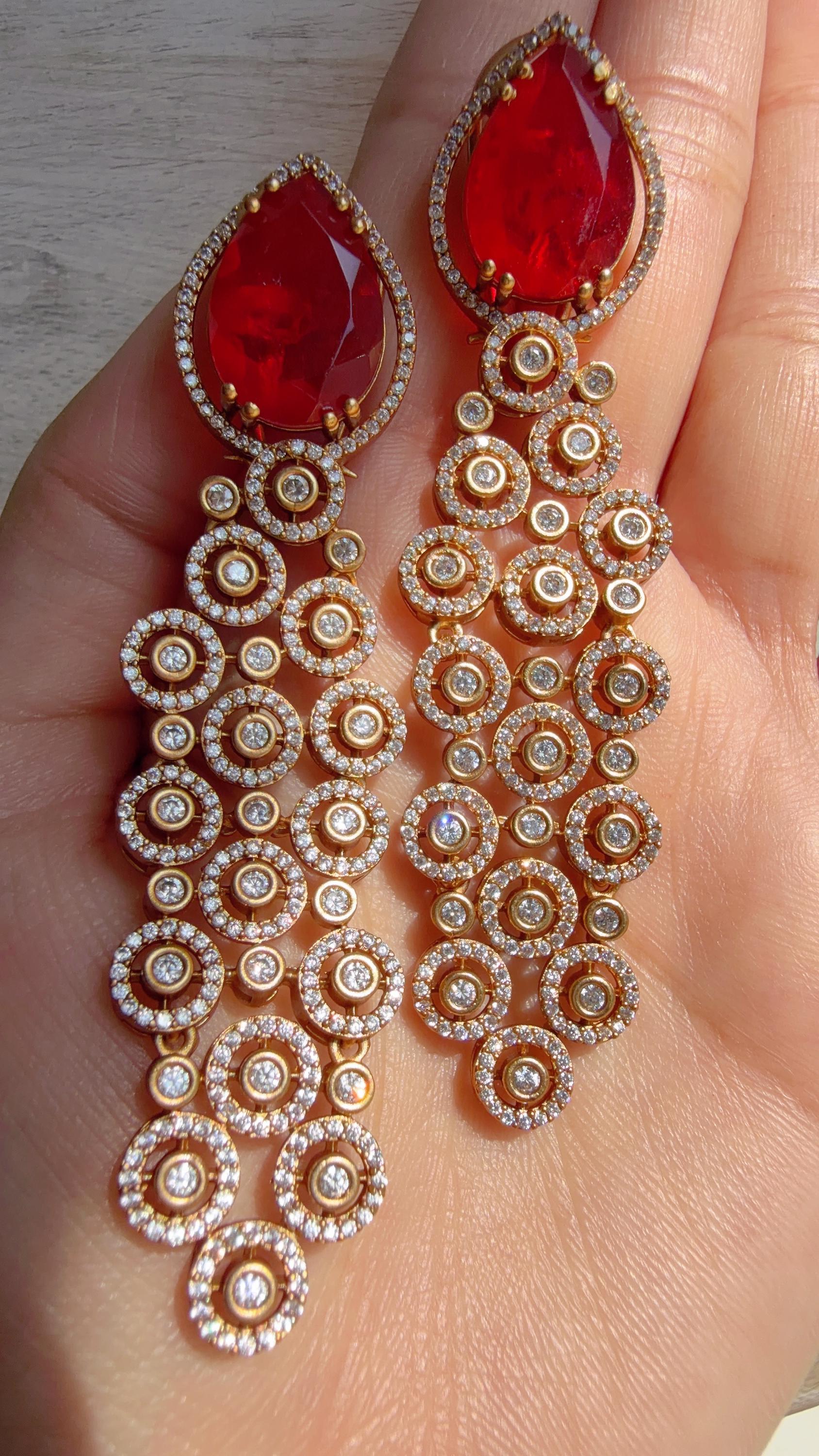 Moissanite kundan Ruby Earrings /Diamond Chandelier Earrings/ Diamond doublet Earrings// Kundan Jhumka /Cubic Zirconia earrings