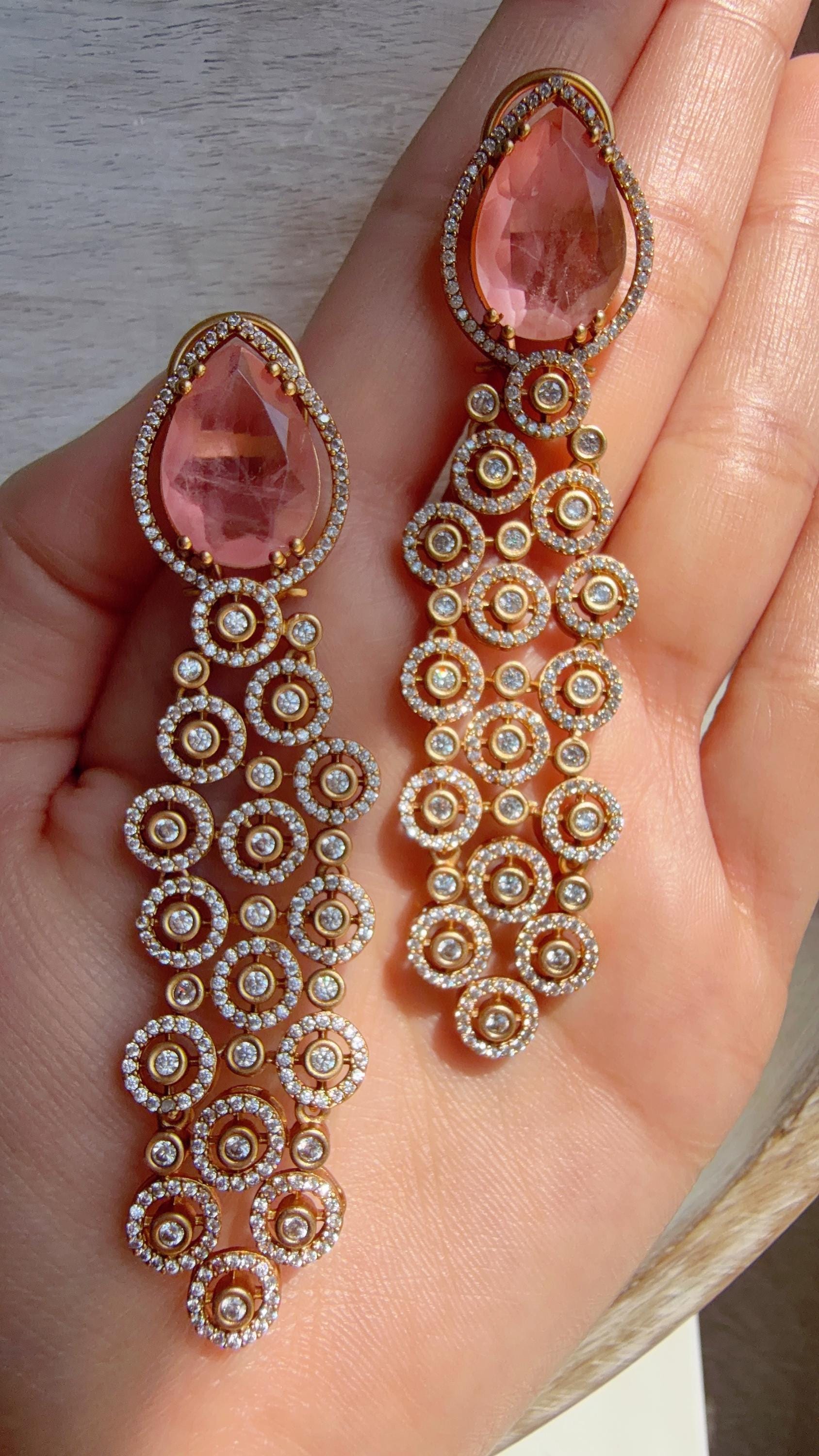 Moissanite kundan Baby Pink Earrings /Diamond Chandelier Earrings/ Diamond doublet Earrings// Kundan Jhumka /Cubic Zirconia earrings