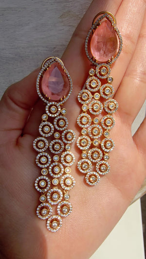Moissanite kundan Baby Pink Earrings /Diamond Chandelier Earrings/ Diamond doublet Earrings// Kundan Jhumka /Cubic Zirconia earrings