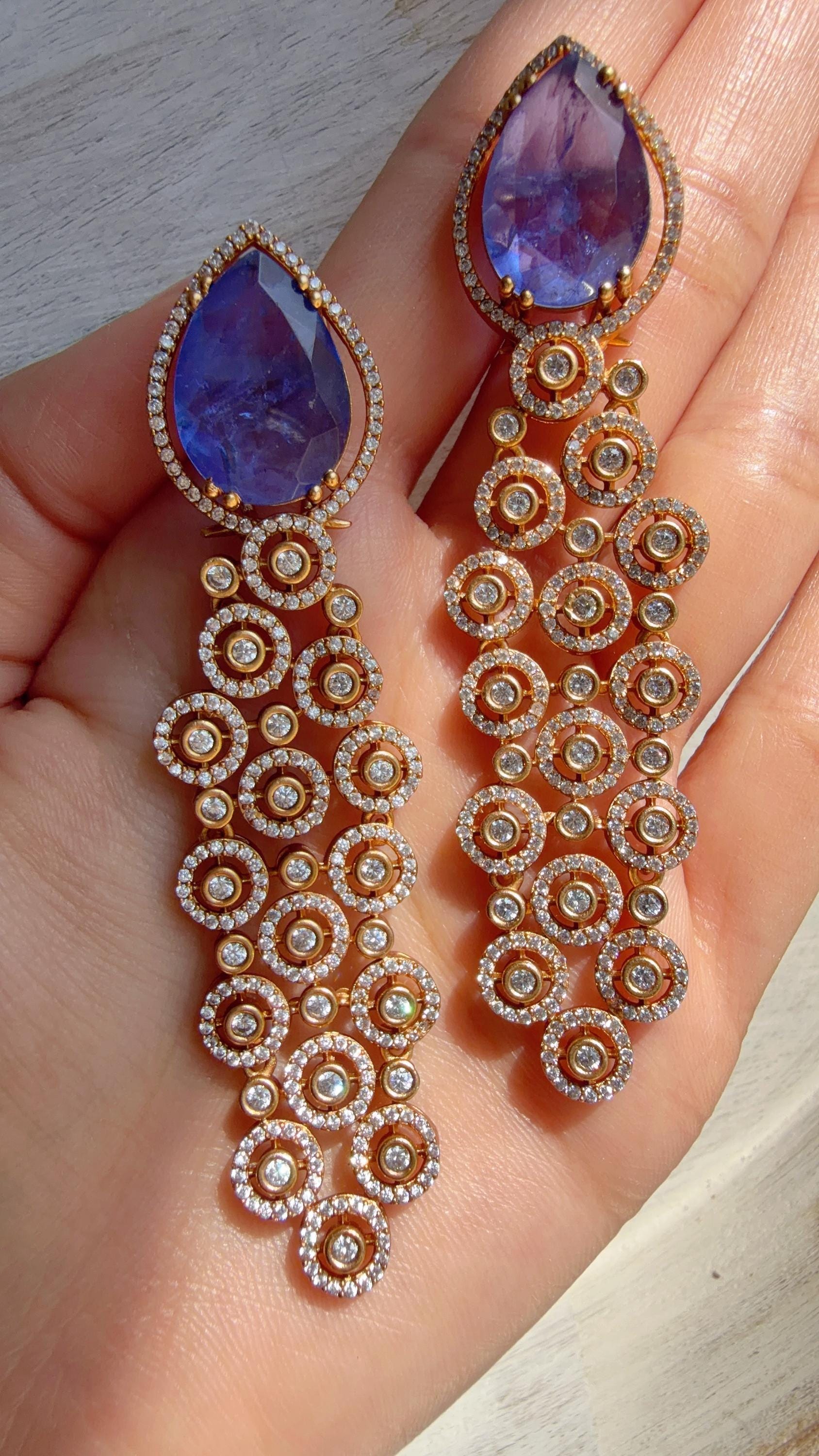 Moissanite kundan Blue Earrings /Diamond Chandelier Earrings/ Diamond doublet Earrings// Kundan Jhumka /Cubic Zirconia earrings