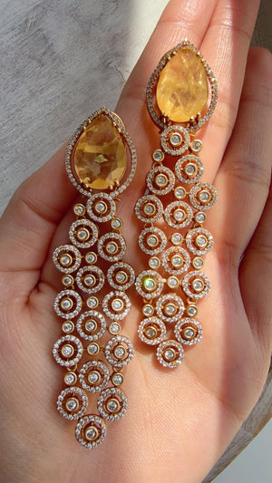 Moissanite kundan Yellow Earrings /Diamond Chandelier Earrings/ Diamond doublet Earrings// Kundan Jhumka /Cubic Zirconia earrings