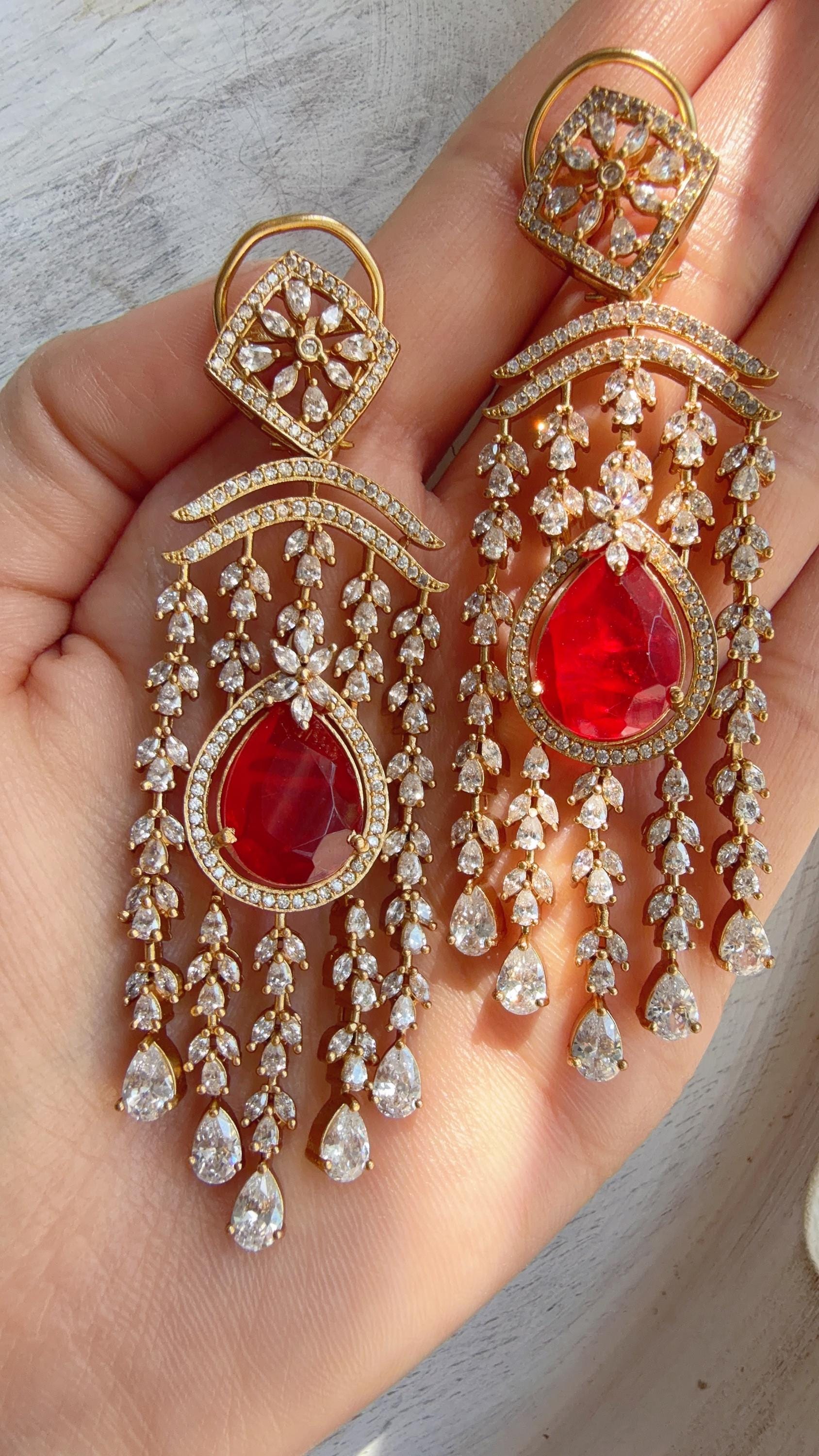 Ruby doublet diamond Chandelier Earrings/Statement diamond Earrings/Diamond Drop Earrings/Suhag Bridal earrings