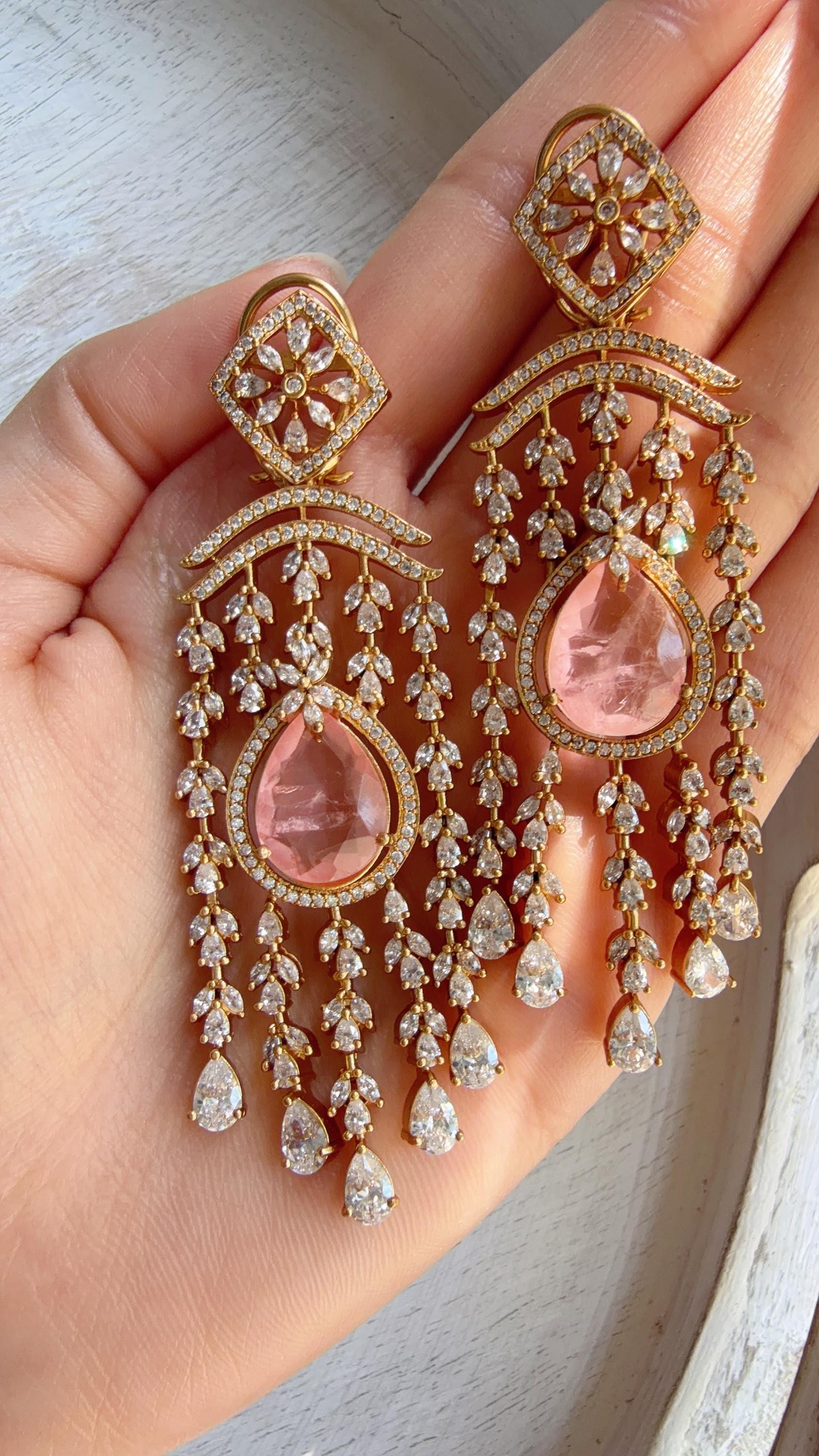 Baby Pink doublet diamond Chandelier Earrings/Statement diamond Earrings/Diamond Drop Earrings/Suhag Bridal earrings
