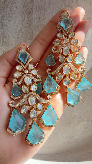 Statement Moissanite Firoza doublet Earrings/Elegant Long Drop Large Earrings |/kundan Earrings/Sia Bridal Diamond earrings