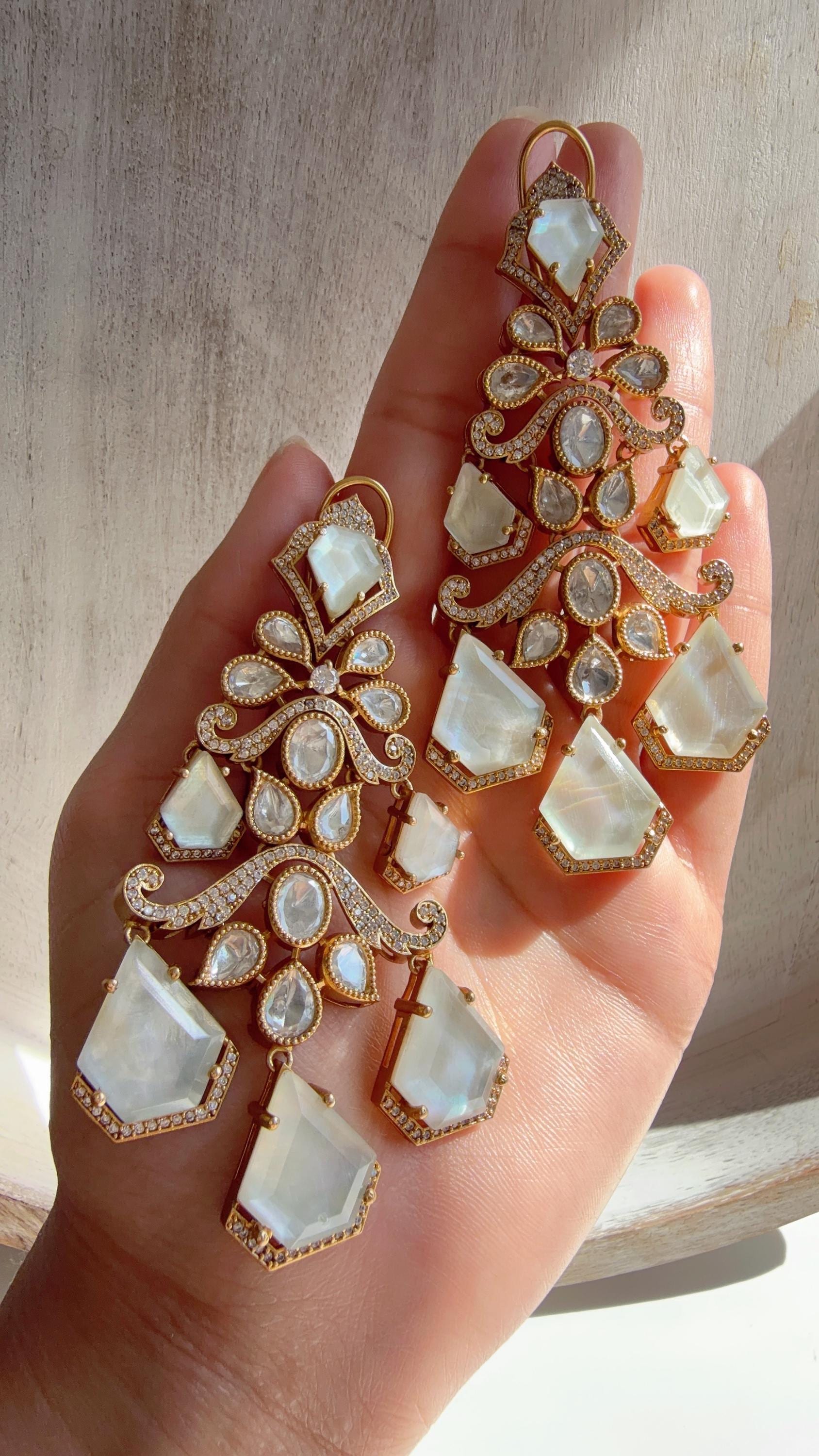 Statement Moissanite Mother of Pearl doublet Earrings/Elegant Long Drop Large Earrings |/kundan Earrings/Sia Bridal Diamond earrings