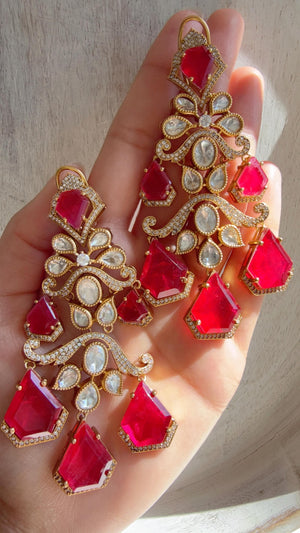 Statement Moissanite Ruby doublet Earrings/Elegant Long Drop Large Earrings |/kundan Earrings/Sia Bridal Diamond earrings