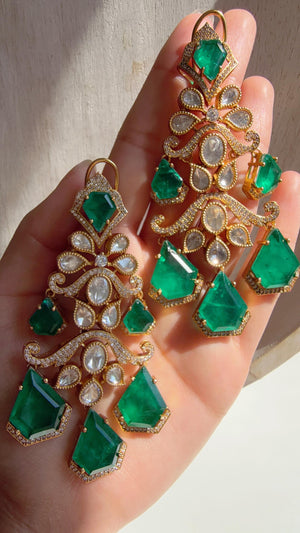 Statement Moissanite Green doublet Earrings/Elegant Long Drop Large Earrings |/kundan Earrings/Sia Bridal Diamond earrings