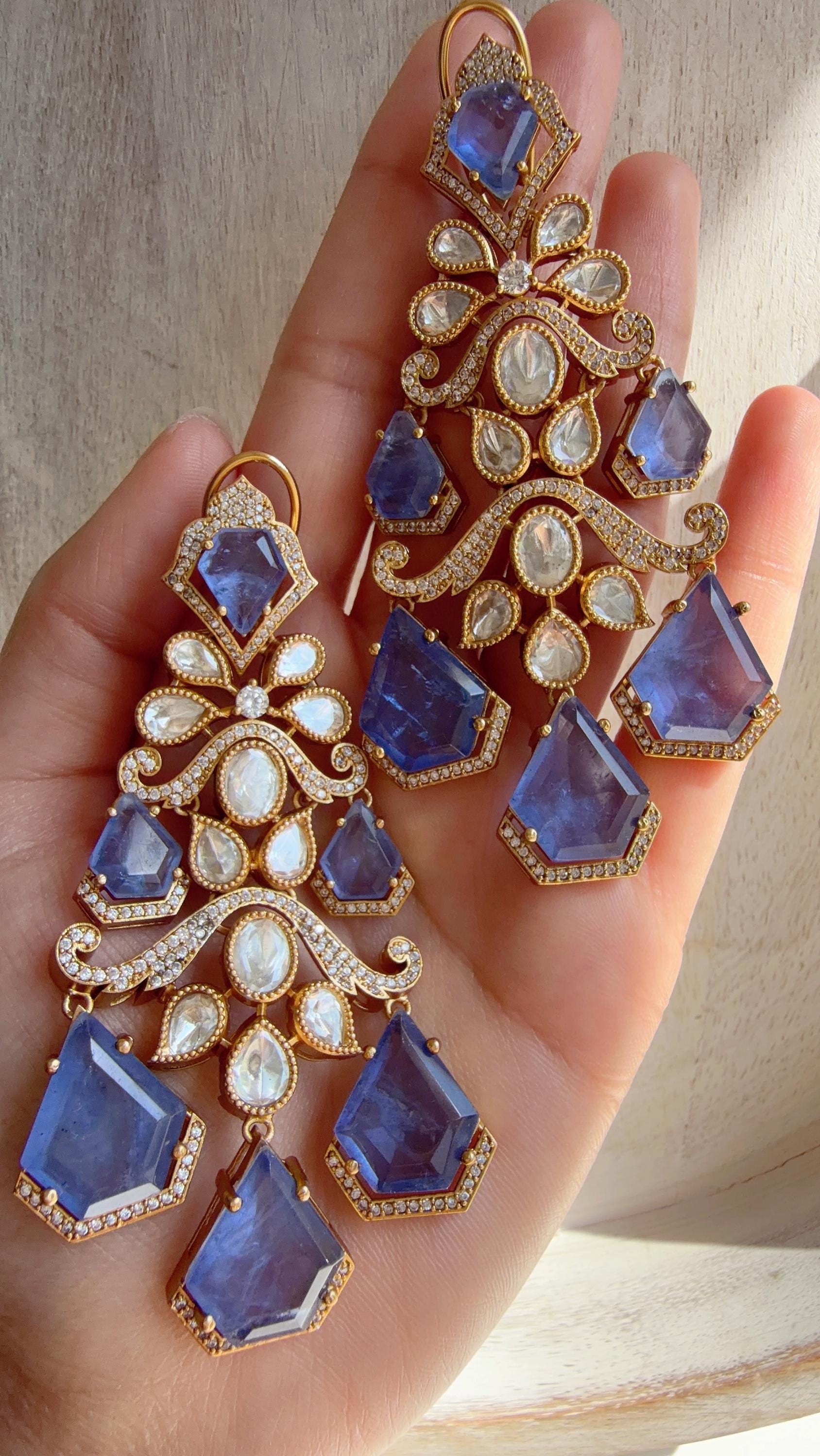 Statement Moissanite Blue doublet Earrings/Elegant Long Drop Large Earrings |/kundan Earrings/Sia Bridal Diamond earrings