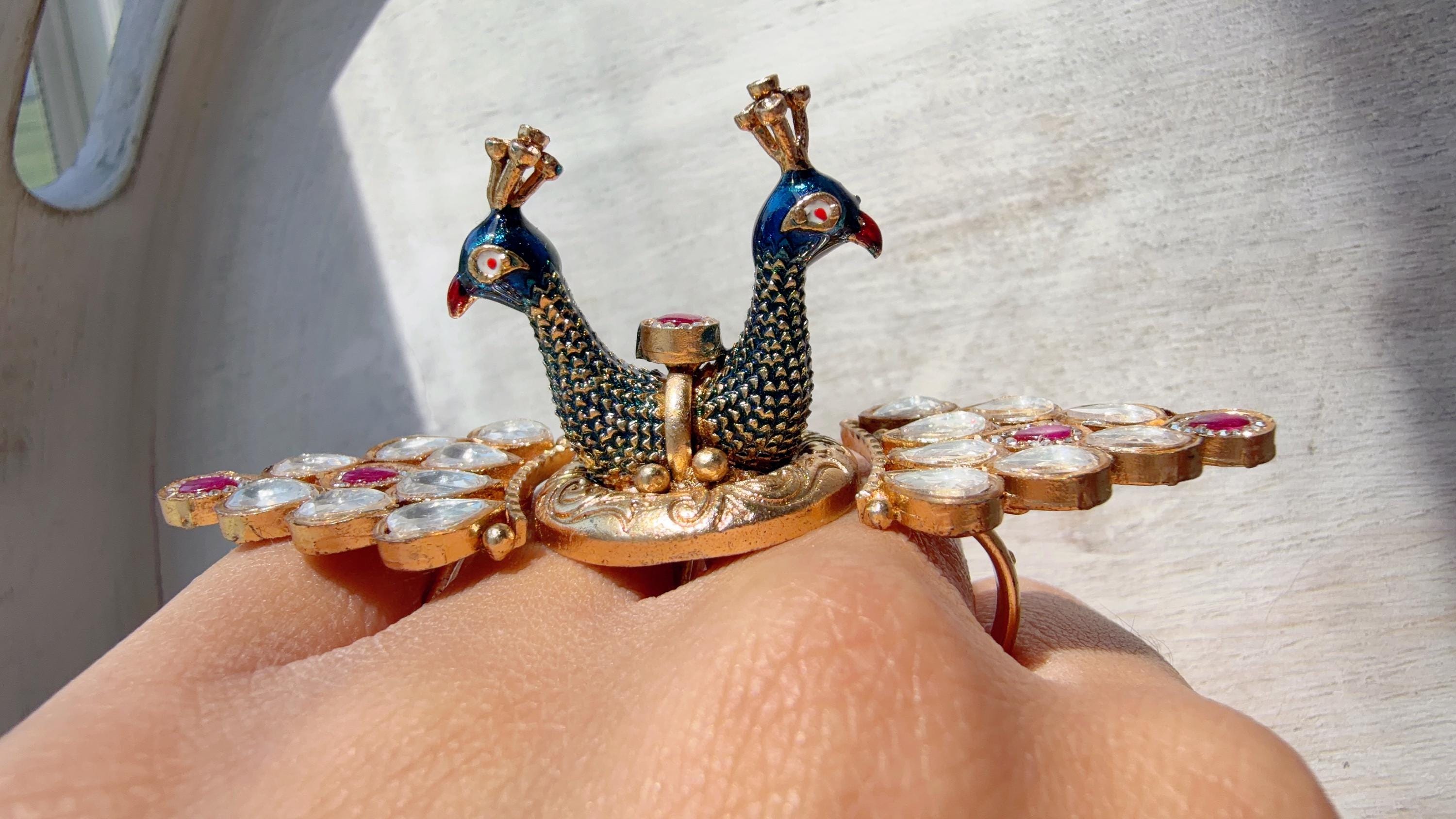 Navratan Bridal Kundan Moissanite kundan Ring/ Contemporary 2 peacocks Diamond Navratna Gold Ring/Moissanite Ring/diamond bridal Ring