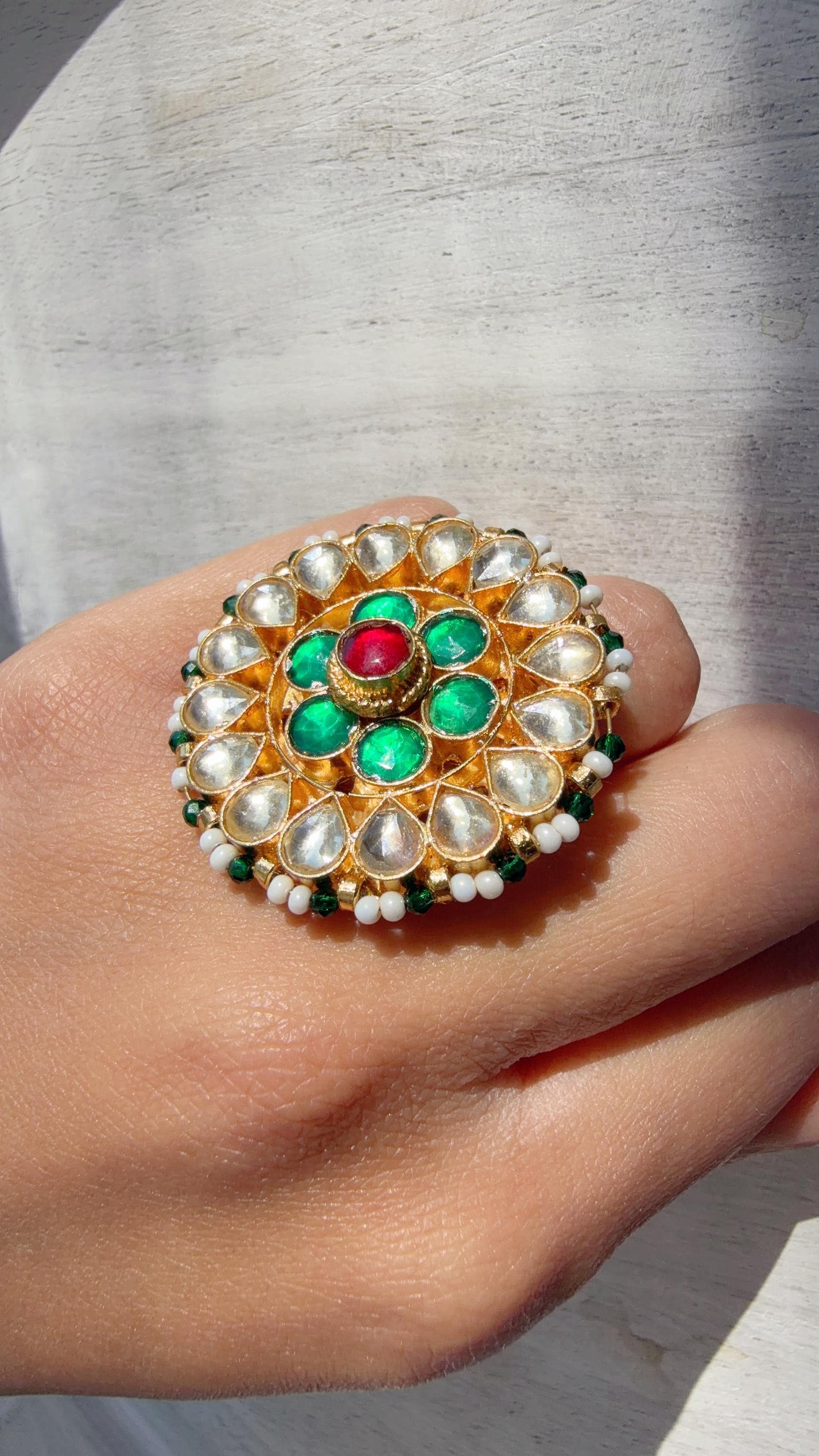 Jadau Pachi Kundan Ruby green finger ring /Bridal Kundan Moissanite diamond Ring/Adjustable Ring/Diamond Ring /Indian Wedding jewelry/