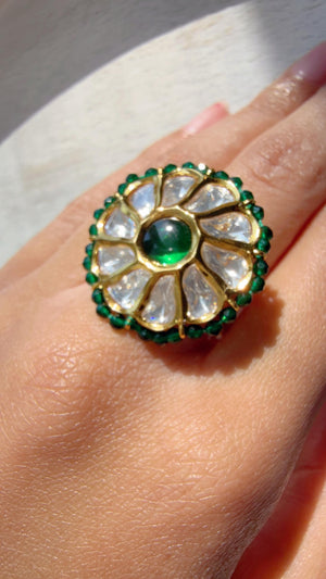 Jadau Pachi Kundan green finger ring /Bridal Kundan Moissanite diamond Ring/Adjustable Ring/Diamond Ring /Indian Wedding jewelry/