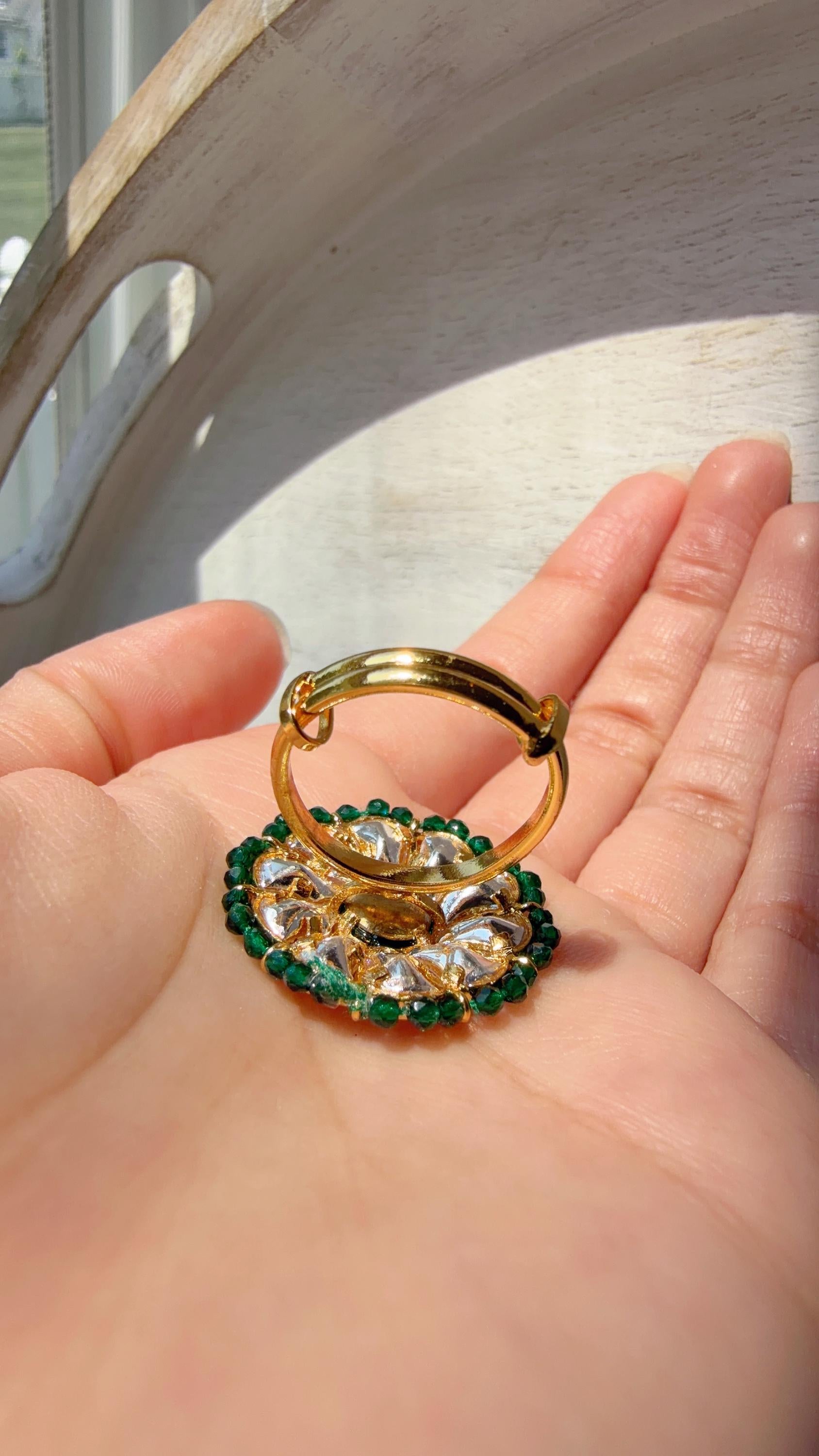 Jadau Pachi Kundan green finger ring /Bridal Kundan Moissanite diamond Ring/Adjustable Ring/Diamond Ring /Indian Wedding jewelry/
