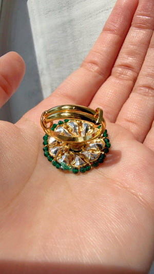 Jadau Pachi Kundan green finger ring /Bridal Kundan Moissanite diamond Ring/Adjustable Ring/Diamond Ring /Indian Wedding jewelry/