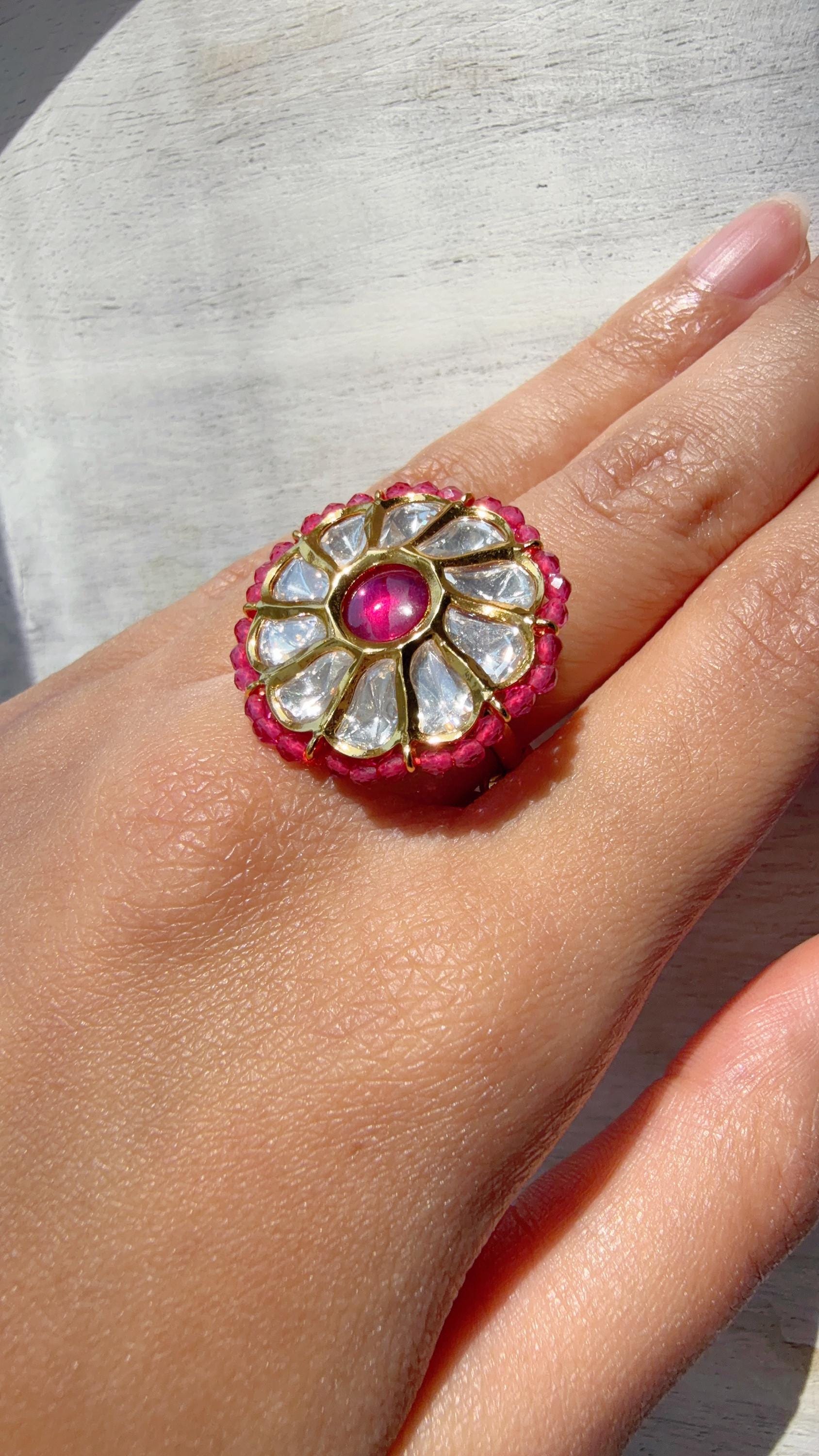 Jadau Pachi Kundan Ruby finger ring /Bridal Kundan Moissanite diamond Ring/Adjustable Ring/Diamond Ring /Indian Wedding jewelry/